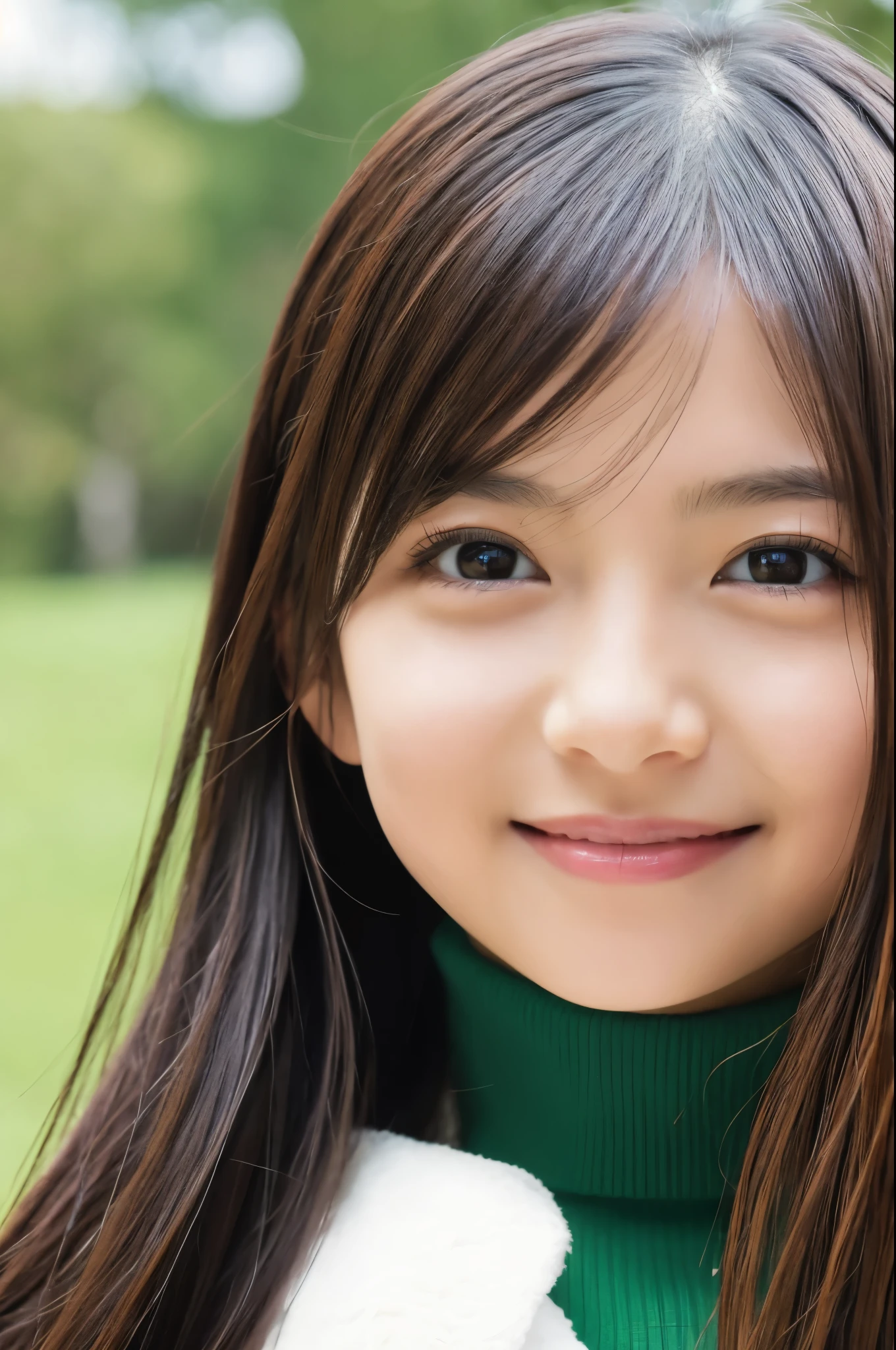 Slender Japanese woman looking at the camera、cute  face、A slight smil、Black turtleneck sweater、Green tree on background々or bushes、hight resolution、high-definition picture