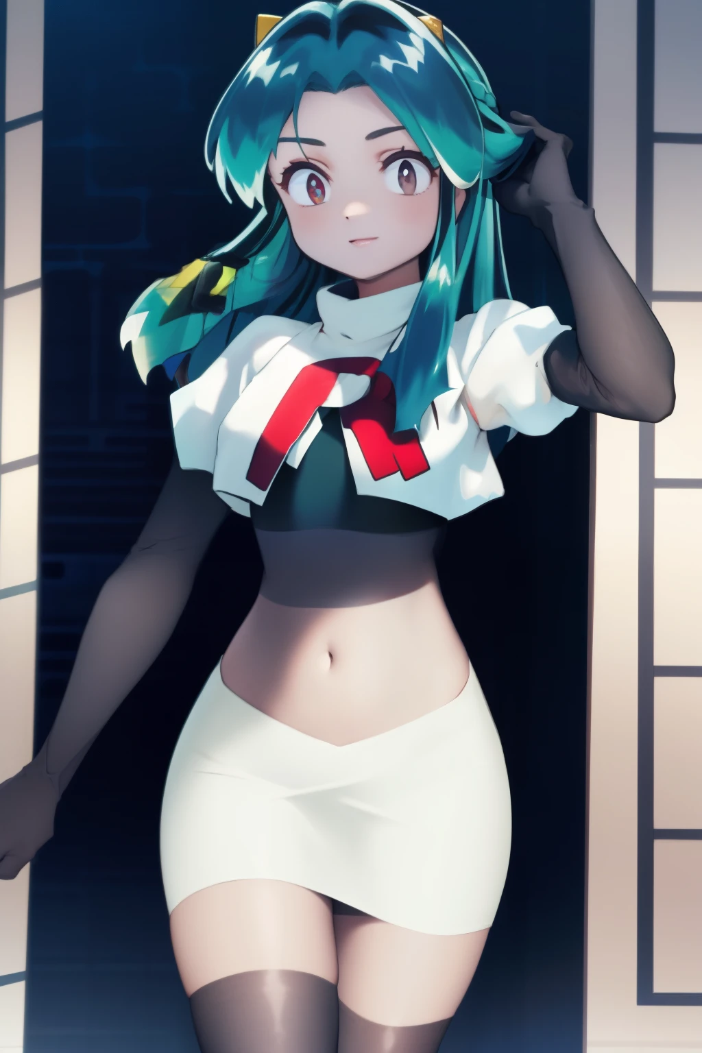 (One lady)、(​masterpiece)、(best qualtiy)、(ultra-detailliert)、(a high chroma)、(CG Illustration)、highcontrast、urusei yatsura、Ram-chan、red blush、[Demon horn:-1.3]、(Fine and beautiful eyes)、Delicate beautiful face、Ram hairstyle、((dishevled hair)),team rocket,team rocket uniform,white skirt,red letter R,crop top,black thigh-highs,black elbow gloves, cowboy shot