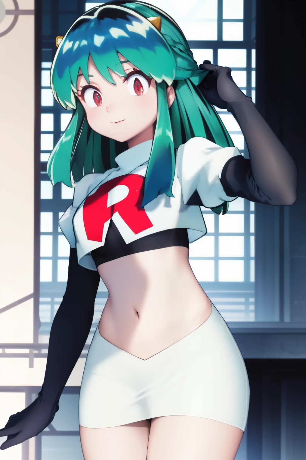 (One lady)、(​masterpiece)、(best qualtiy)、(ultra-detailliert)、(a high chroma)、(CG Illustration)、highcontrast、urusei yatsura、Ram-chan、red blush、[Demon horn:-1.3]、(Fine and beautiful eyes)、Delicate beautiful face、Ram hairstyle、((dishevled hair)),team rocket,team rocket uniform,white skirt,red letter R,crop top,black thigh-highs,black elbow gloves, cowboy shot