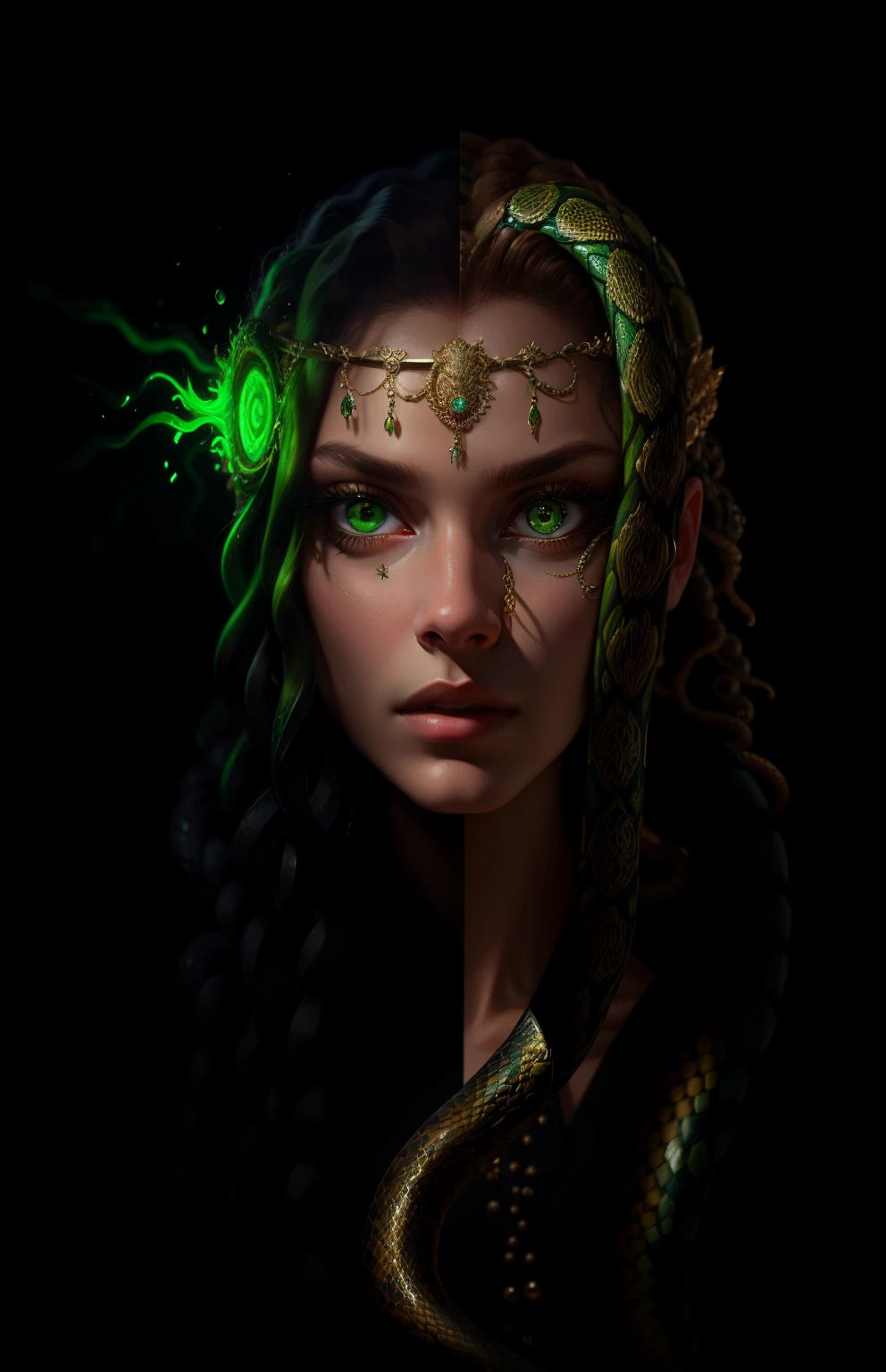 ((best quality)), ((masterpiece)), ((realistic)), Medusa, full body, the hair is composed of countless small snakes, green eyes, female face, metal carved top, royal aura, trend on artstation , sharp focus, studio photo, intricate detail, very detailed, detailed eye, illustration, very detailed, sharp focus, digital render, professional, 4k