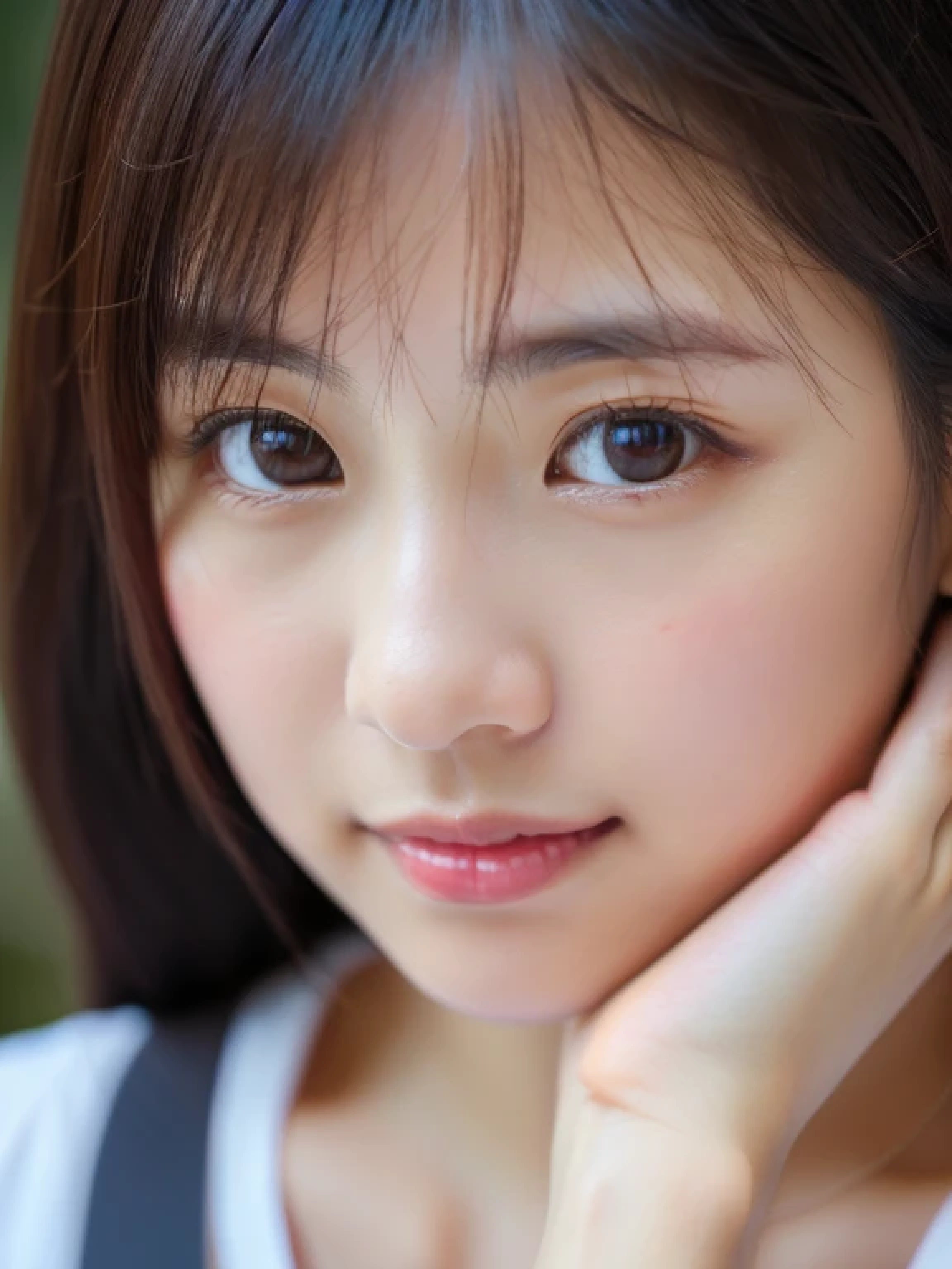 ((cute little日本の女の子、Beautiful japanese girl、1 girl in、Unclear、age19、poneyTail、Highly detailed facial and skin texture、refinement、hyperdetailed face、ultradetailed eyes、blusher、blush、teak、ピンクのteakを塗った頬、close-up of woman、bustup、frontageを向いている顔、frontageを向いている体、Looking at the camera、frontage、cute little、smooth white skin、Transparent skin texture、))、(dark brown  hair、bangss)、Beautiful Women in Perfect Style：1.4、Japanese Models、Young gravure idols、若いcute littleグラビアアイドル、Realistic Young Gravure Idol、refinementされたグラビアアイドル、((top-quality、in 8K、​masterpiece:1.3、１Photo))、(4K、RAW Photography、top-quality)、(reallistic、フォトreallistic:1.37)、Place a person on the other side of the screen、natural soft light、upper body and head、