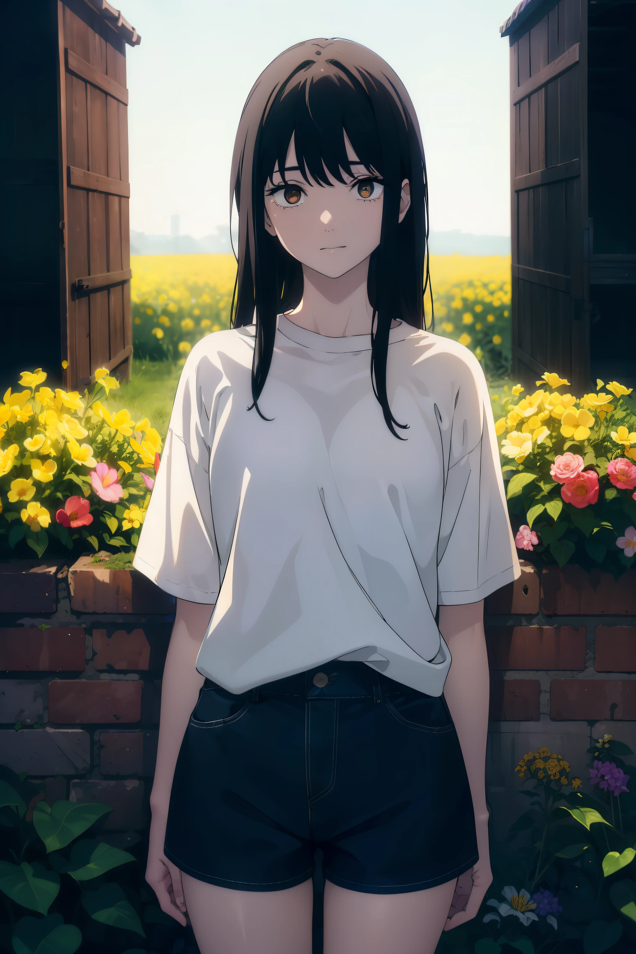 ((((Obra maestra, La mejor calidad, ultrahigh resolution)))), 1girl, standing, (baggy white t-shirt, loose fitting blue shorts, back hair, dark black hair over eye)), long hair cut, pale skin, ((brown eyes)), glowing_eyes, neon eyes, (ultra detailed eyes:0.7, beautiful and detailed face, detailed eyes:0.9), ((centered)), smile, ((wide shot)), facing viewer, (((vibrant background of outside, flowers, bright lighting, summer, sunlight))), flat chested, ((looking at viewer)), ((half closed eyes)), ((perfect hands)), ((head:1, hips, elbows, arms, in view)), ((hands behind back)), empty eyes, beautiful lighting, defined subject, 25 years old, ((cool looking)), ((from above, wide shot))