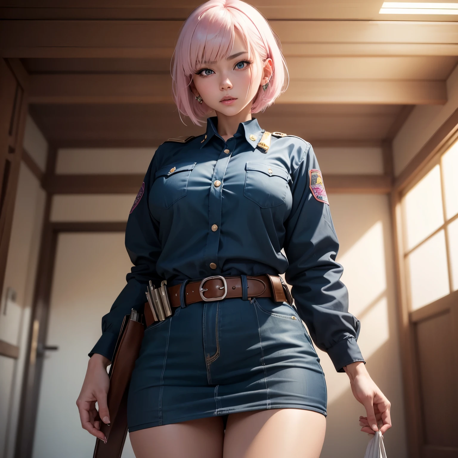 1 beautiful mature slut, alone, gorgeous face, (blush)、((wearing a police uniform)), grin and laugh、red lips, eye shadow, eyeliner, ((open crotch)), With a butt like that, huge breasts, thighs thighs, Please sit down、pink bob hair, lingerie, (masterpiece, highest quality, 8k, realistic)