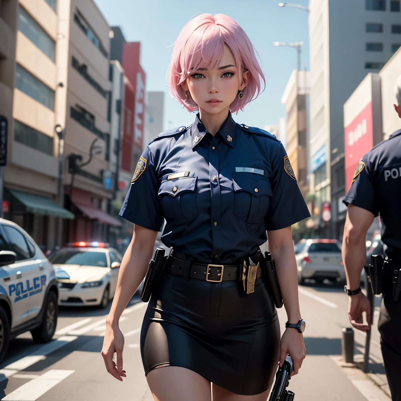 8k, masterpiece, best quality, realistic, higly detailed, cowboy shot, 1girl, solo, Ichika Nakano, very short hair that has a single long strand on the right side, white-pink hair, a single earring, dark blue eyes, average height, well-endowed figure, large breasts, cute, Cop, Police, Police Officer, Cop, Police, Police Officer