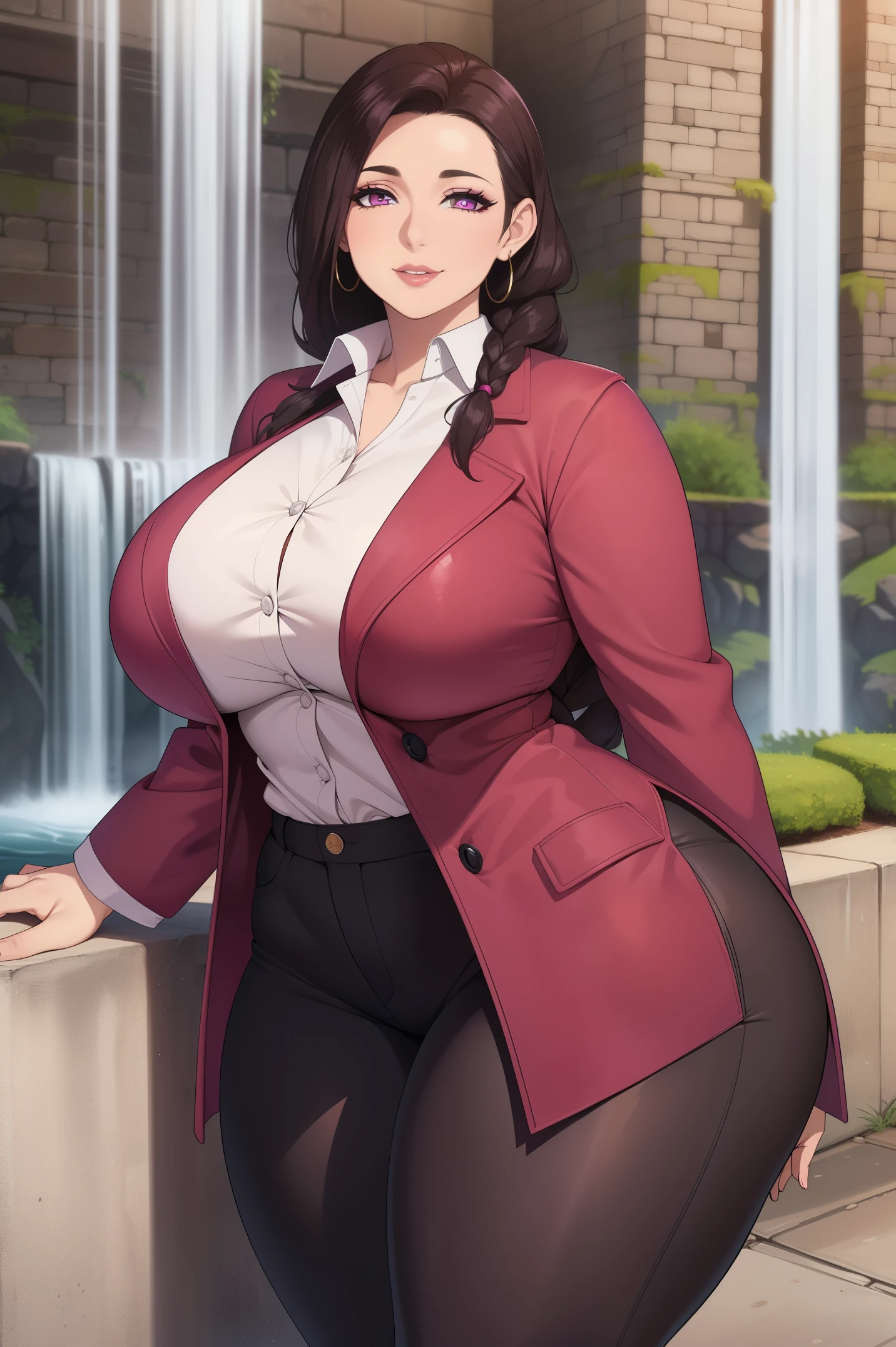 Best quality, solo mature woman, giant breasts, giant ass, very curvy, waterfall braid brunette, magenta eyes eyes, full lips, seductive, smiling, tight long slevee shirt, tweed pants, wool coat, dangly earring, thick thighs, curvy physique