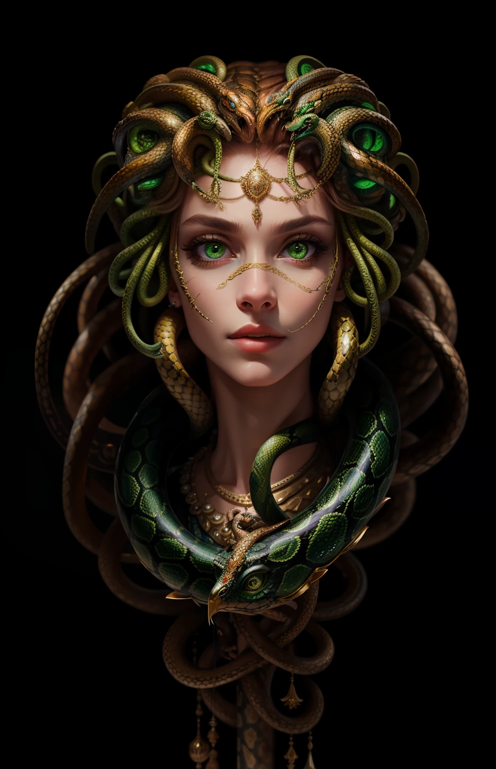 ((best quality)), ((masterpiece)), ((realistic)), Medusa, full body, the hair is composed of countless small snakes, green eyes, female face, metal carved top, royal aura, trend on artstation , sharp focus, studio photo, intricate detail, very detailed, detailed eye, illustration, very detailed, sharp focus, digital render, professional, 4k