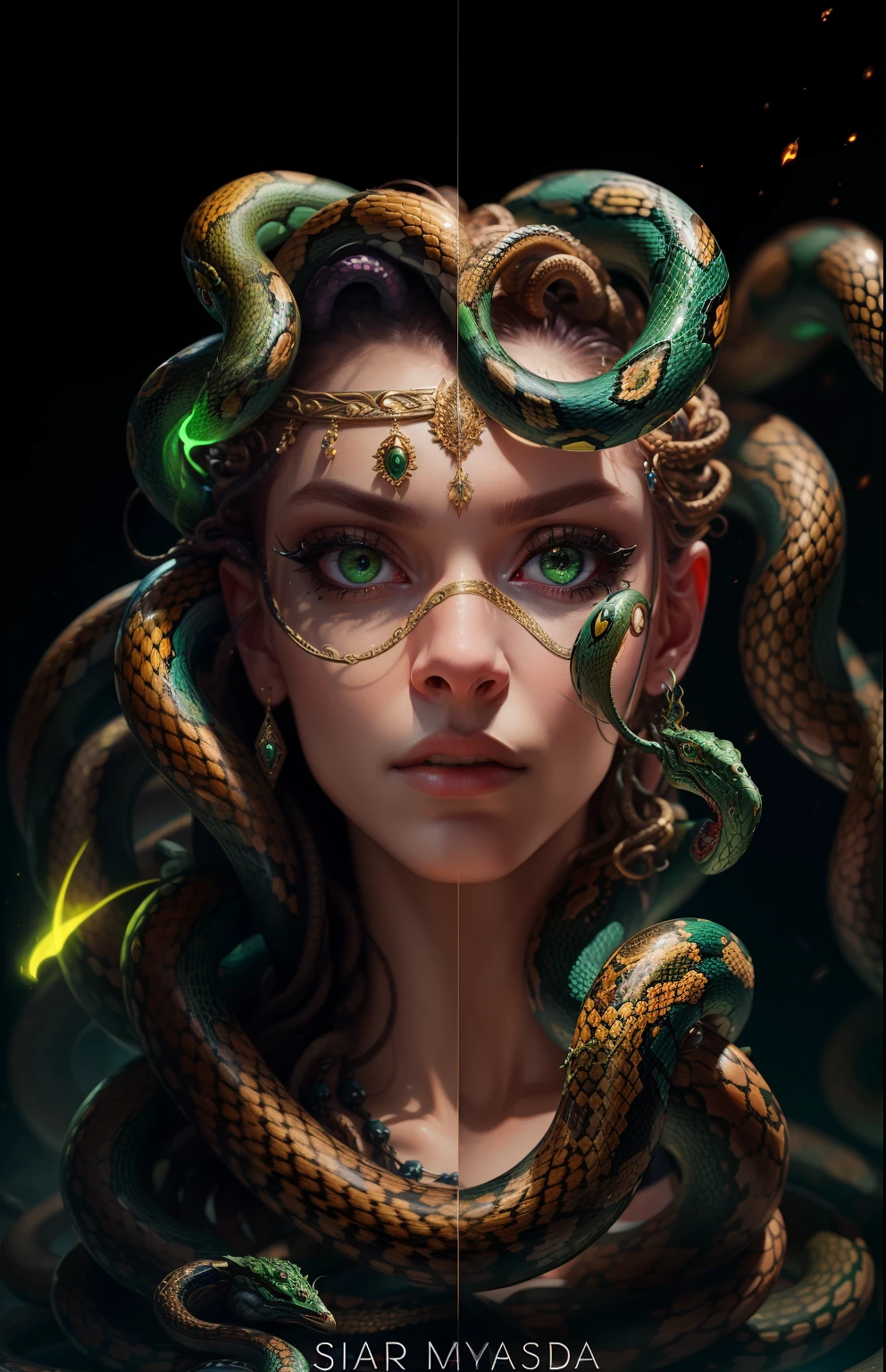 ((best quality)), ((masterpiece)), ((realistic)), Medusa, full body, the hair is composed of countless small snakes, green eyes, female face, metal carved top, royal aura, trend on artstation , sharp focus, studio photo, intricate detail, very detailed, detailed eye, illustration, very detailed, sharp focus, digital render, professional, 4k