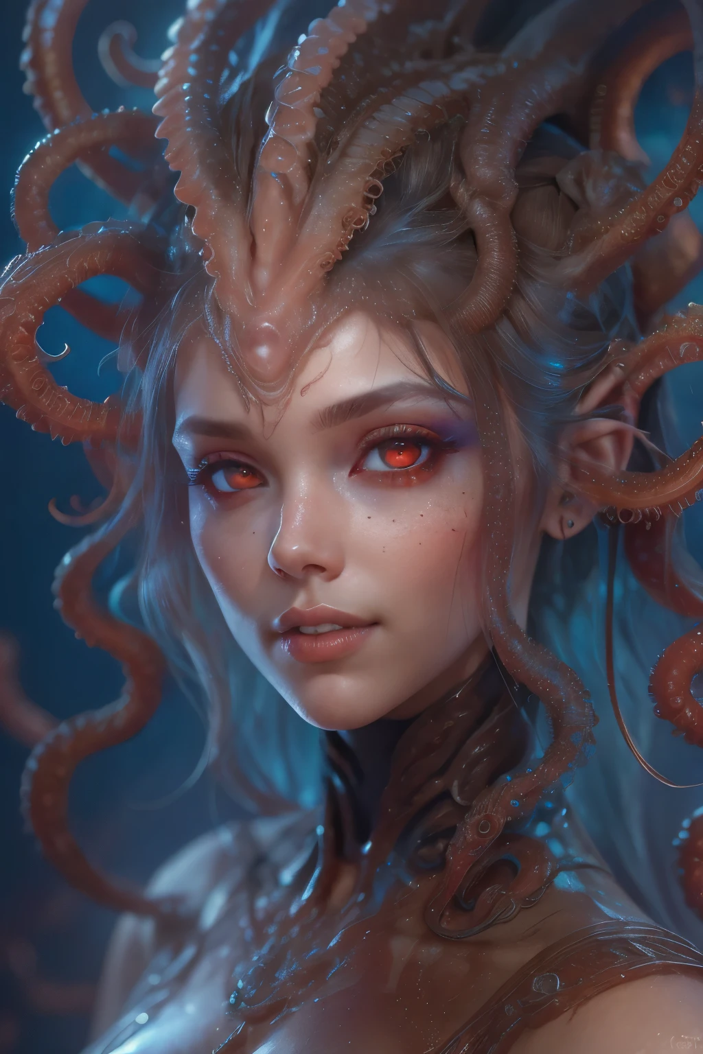 Portrait, (beautiful female alien:1.2), (she has red eyes with no pupils:1.8), (Translucent skin:1.7), (There is a female genital-like organ in the middle of the forehead:1.9), (The most beautiful face in the history of the universe:1.2),an evil gaze that seduces, (large mouth:1.1), (sharp teeth like a vampire:1.2), Full body like, (bio luminescent:1.5), (Smile wickedly:1.3), (sexypose:1.5), alien, No humans, cells are fused, (Lots of translucent tentacles:1.3) extraterrestrial, cell, bio image, Best Quality, 8K,4K_quality, High Definition, Dramatic Lighting, masutepiece:1.5,cinematic quality, detail up, (Intricate details:1.2), High resolution, High Definition, drawing faithfully, (Thick eyebrows:1.2), Beautiful eyes with fine symmetry,(Highly detailed face and eyes:1.2), Intimate face, (Super detailed skin quality feeling:1.4), Perfect Anatomy, (Beautiful toned body:1.5), (Moist skin:1.2), No makeup, (dark circles:1.1), long canines, cinematic drawing of characters, ultra high quality model, cinematic quality, detail up, (Intricate details:1.2), High resolution, High Definition, drawing faithfully, Official art, Unity 8K wall , 8K Portrait, Best Quality, Very High resolution, ultra detailed artistic photography, midnight aura, unreal enginee 5, Ultra Sharp Focus, art by alberto seveso, ArtGerm, Roisch, intricate artwork, best quality, masutepiece, ultra High resolution, (photos realistic:1.4), Ultra-realistic realism, dream-like, nautilus, Creation of fantasy, Snail, Dream Snail, biopunk nautilus, Thrilling color schemes, Ultra-realistic realism, seductively smiling, Blue tentacles,