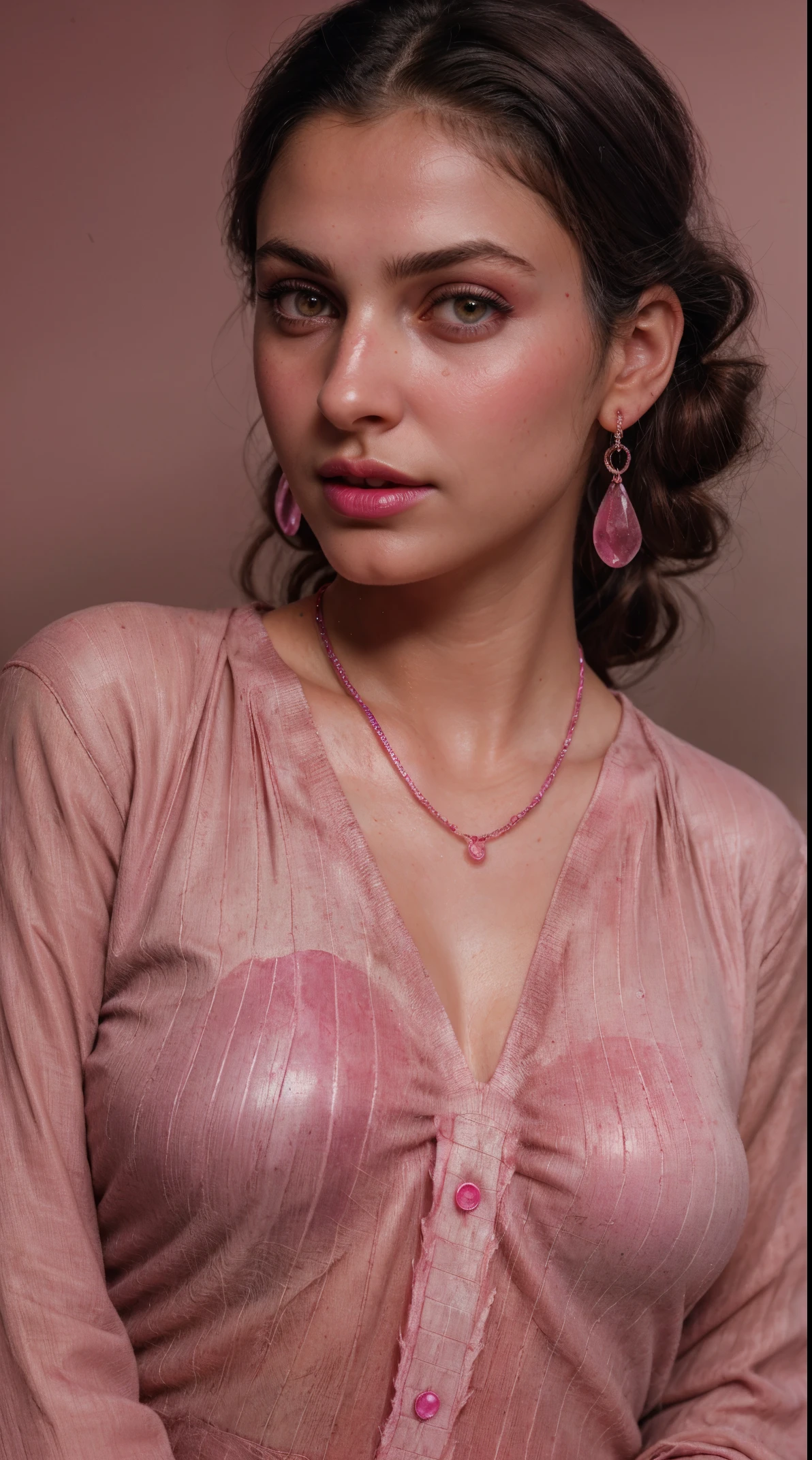 Salwar Kameez dark pink color, (RAW photo, realism: 1.8), (very dark pink lip gloss, jet dark pink lipstick, realistic eyelashes, dark brown eye shadow, shy, blushing, high quality, high resolution, depth of field, chromatic aberration, caustic, wide light, natural colors, 20 year old woman), necklaces, chokers, earrings, bracelets, soft skin, fair pink skin, small breasts size, water drops on face, oily shine skin, slime nose, soft skin, wears nose pin,