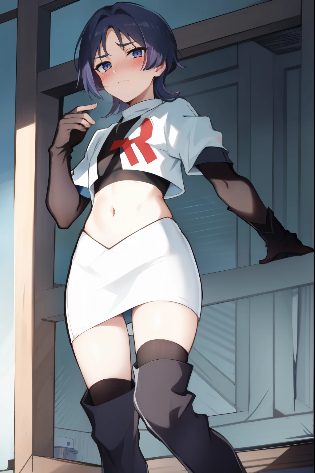 absurdres,masterpiece, trap, best quality, highres, high quality, 1boy, solo, male focus, hair, crossdressing,1boy,team rocket,team rocket uniform,white skirt,red letter R,crop top,black thigh-high boots,black elbow gloves, embarrassed, blush