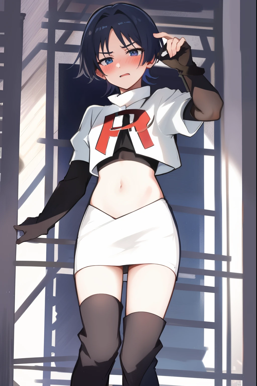 absurdres,masterpiece, trap, best quality, highres, high quality, 1boy, solo, male focus, hair, crossdressing,1boy,team rocket,team rocket uniform,white skirt,red letter R,crop top,black thigh-high boots,black elbow gloves, embarrassed, blush