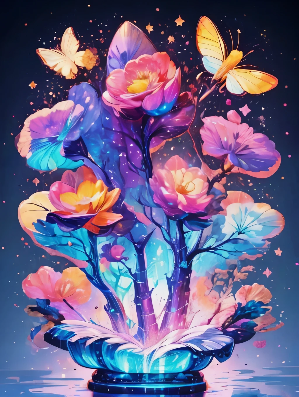 Beautiful gradations, a night sky full of sparkling stars, bright colors of the moon and stars, smooth and glossy textures, a
combination of warm and cool colors, and a fantastic atmosphere.