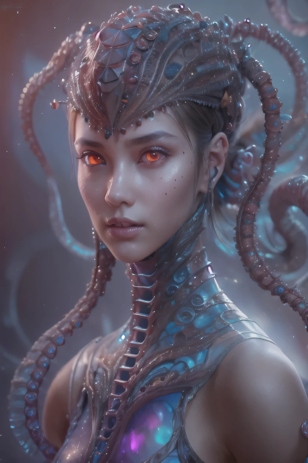 sophisticated and beautiful design, portlate, (beautiful female alien:1.2), (There is a female genital-like organ in the middle of the forehead:1.8), (The most beautiful face in the history of the universe:1.2), (scarlet eyes:1.6), (Translucent skin:1.8), an evil gaze that seduces , (red eyes:1.5), Full body like, (sexypose:1.5), alien, No humans, cells are fused, (Lots of blue tentacles:1.1) (Blue skin:1.3), extraterrestrial, cell, bio image, 魅惑的, Best Quality, 8K,4K_quality, high_Definition, Dramatic Lighting, masutepiece:1.5,cinematic quality, detail up, (Intricate details:1.2), high resolution, High Definition, drawing faithfully, (Thick eyebrows:1.2), Beautiful eyes with fine symmetry, (Ultra detailed eyes:1.2),(Highly detailed face and eyes:1.2), (High-resolution red-eye:1.4), Intimate face, (Super detailed skin quality feeling:1.4), Perfect Anatomy, (Beautiful toned body:1.5), (Moist skin:1.2), No makeup, (dark circles:1.1), long canines, cinematic drawing of characters, ultra high quality model, cinematic quality, detail up, (Intricate details:1.2), high resolution, High Definition, drawing faithfully, Official art, Unity 8K wall , 8K people photography, Best Quality, Very high resolutio, ultra detailed artistic photography, midnight aura, unreal enginee 5, Ultra Sharp Focus, art by alberto seveso, ArtGerm, Roisch, , intricate artwork, Medusa, best quality,tmasterpiece,超A high resolution,(photos realistic:1.4),Ultra-realistic realism,dream-like,nautilus, Creation of fantasy,Snail,Dream Snail,Biopunk nautilus,Thrilling color schemes, Ultra-realistic realism, abstracted, seductively smiling