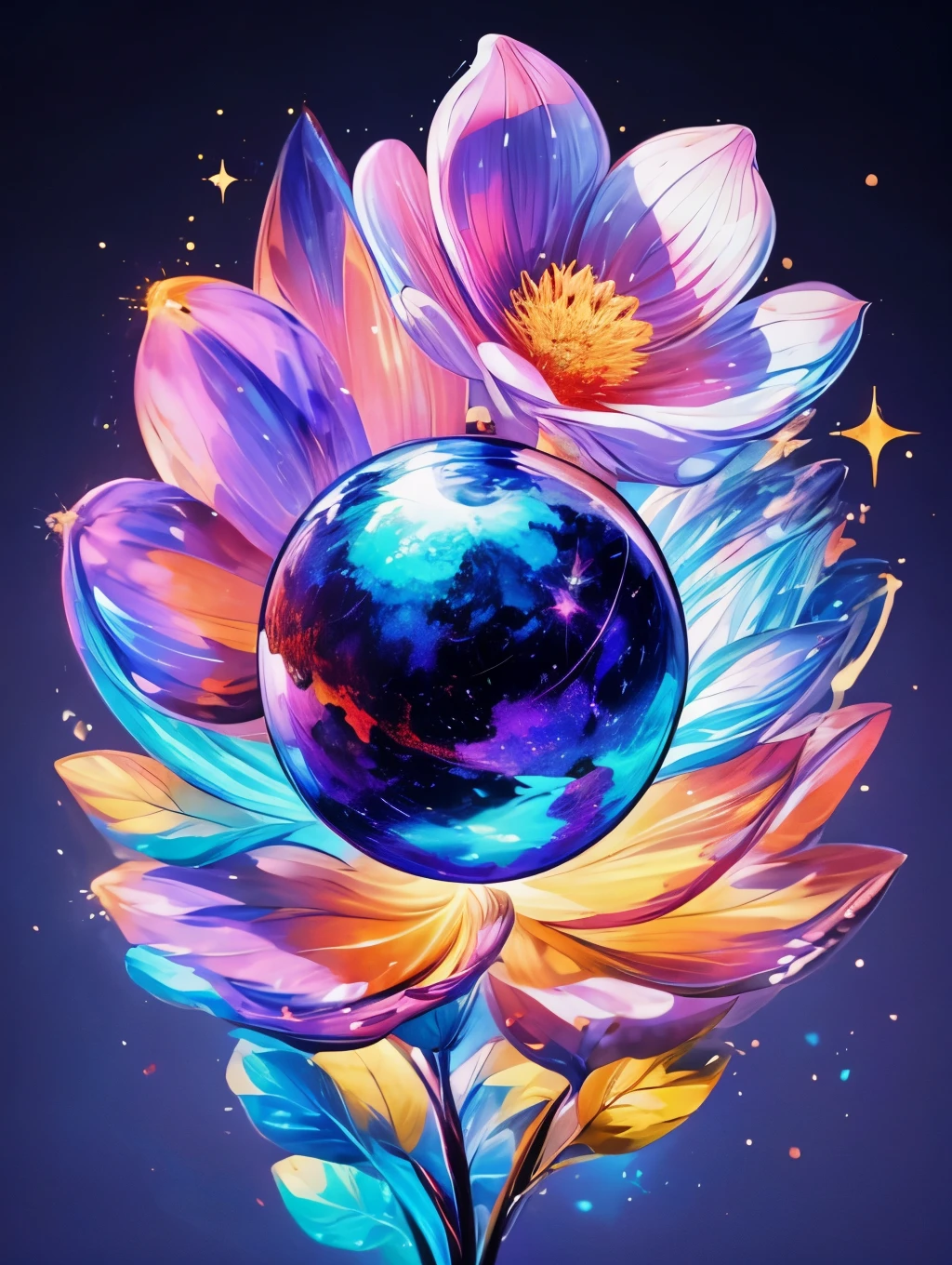 Beautiful gradations, a night sky full of sparkling stars, bright colors of the moon and stars, smooth and glossy textures, a
combination of warm and cool colors, and a fantastic atmosphere.
