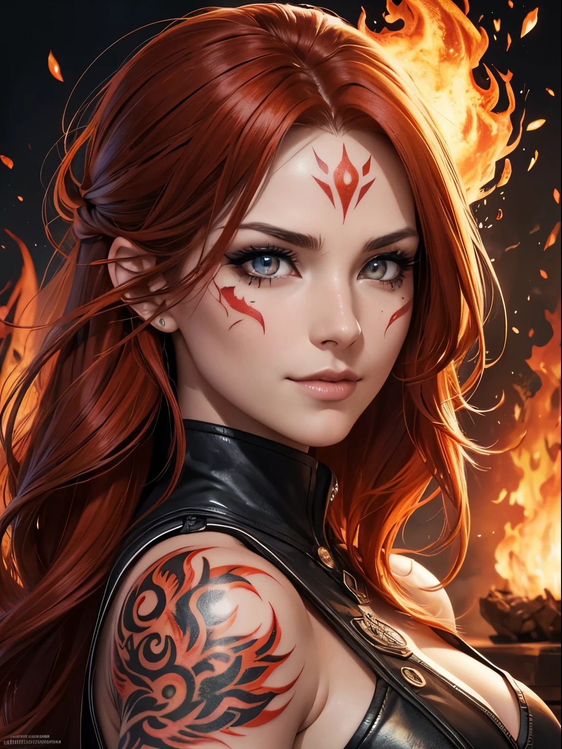(headshot) (best quality) (high detail) woman's face with eyes of fire and ice and fiery hair flowing in front of her face, Cinders and ice crystals swirling in the air, fire embers around her, (pyro) fire tattoos, flame tattoos, tattoos, smirk, fiery smoke in background, HDR, 4K, 3D, digital art