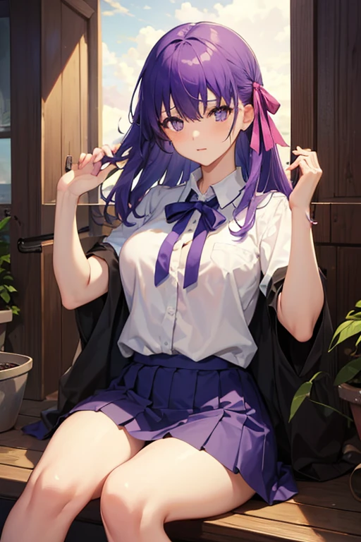 (nsfw:1.3) , anime girl with purple hair and white shirt and tie, cute girl anime visual, portrait anime girl, cute anime girl portrait, beautiful anime girl, beautiful anime portrait, anime style 4k, 4k anime wallpaper, (anime girl), anime wallpaper 4k, anime girl with long hair, anime wallpaper 4k, anime art wallpaper 4k,Daily life, sitting in the seat across from you, sitting shallowly, sleeping habits, spreading your legs a little, skirt lift by myself, cute panties,