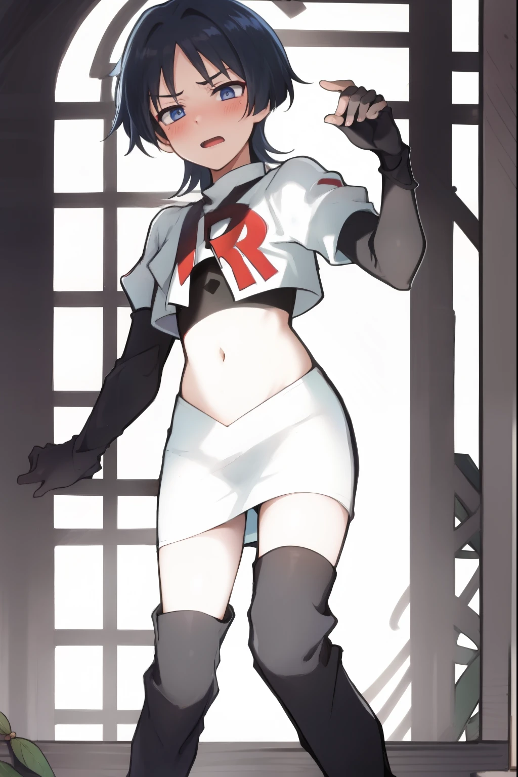 absurdres,masterpiece, trap, best quality, highres, high quality, 1boy, solo, male focus, hair, crossdressing,1boy,team rocket,team rocket uniform,white skirt,red letter R,crop top,black thigh-high boots,black elbow gloves, embarrassed, blush