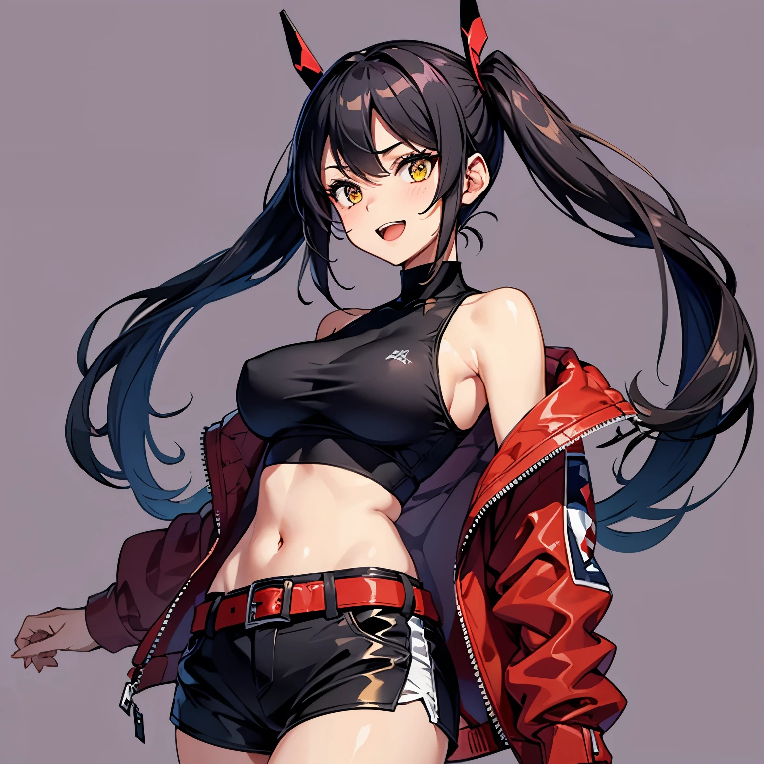 (masterpiece), best quality, expressive eyes, perfect face, 1girl, solo, tomboy, messy hair, short twintails, black hair BREAK yellow eyes BREAK biker jacket, red jacket BREAK black tank top BREAK shorts, smile, open mouth, large breasts, navel, checkered background, purple background, standing