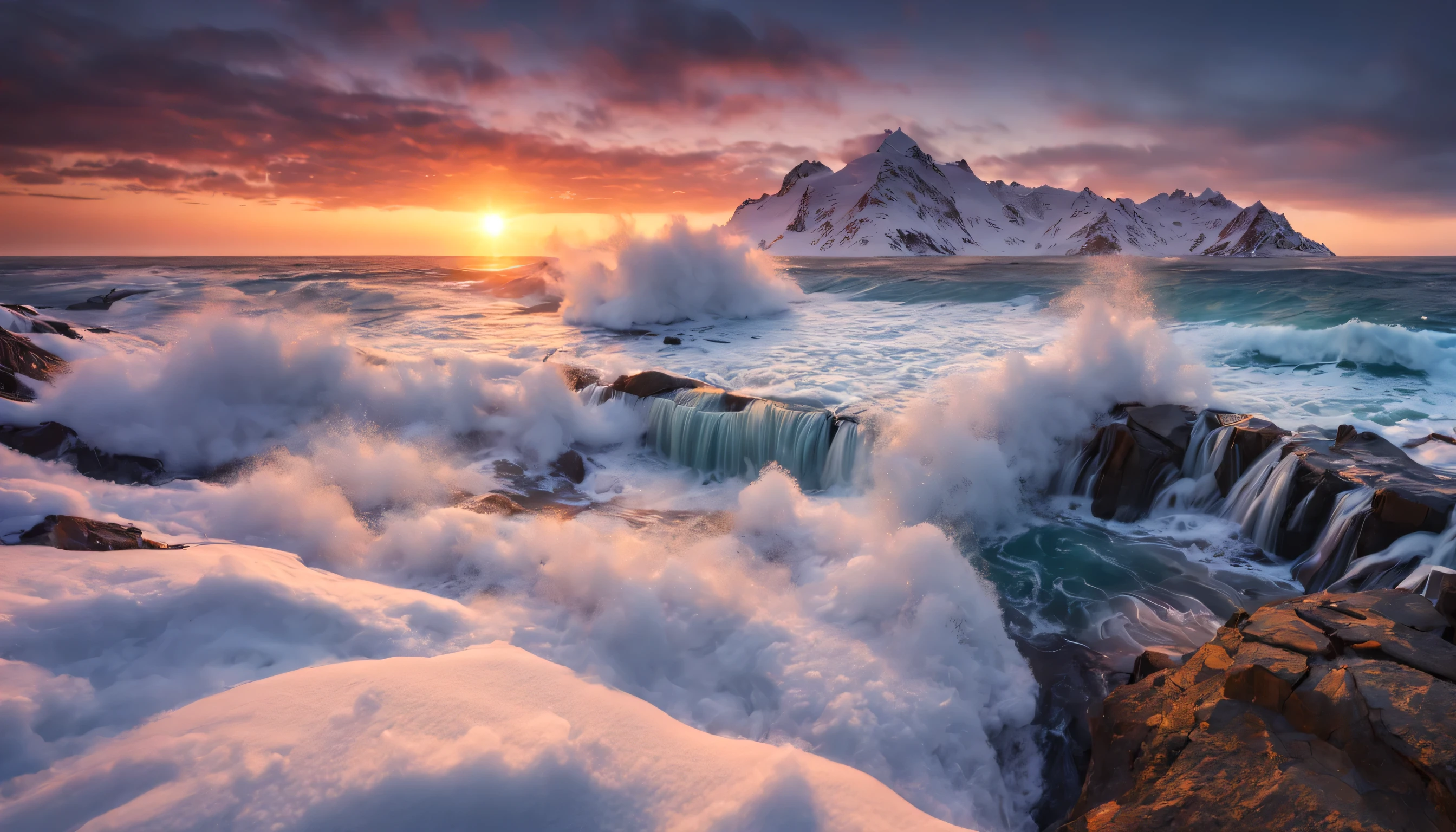arafed view of a dawn over the ocean with waves crashing and snow winter, snowy, beautiful winter, chaotic sea setting, breathtaking colors, breathtaking look, breathtaking composition, beautiful sea landscapes, stunning dawn, magnificent background, dawn glow, beautiful background, beautiful dreamy breathtaking, marc adamus, warm beautiful scene, epic dawn, beautiful dawn, beautiful dawn glow, beautiful ocean