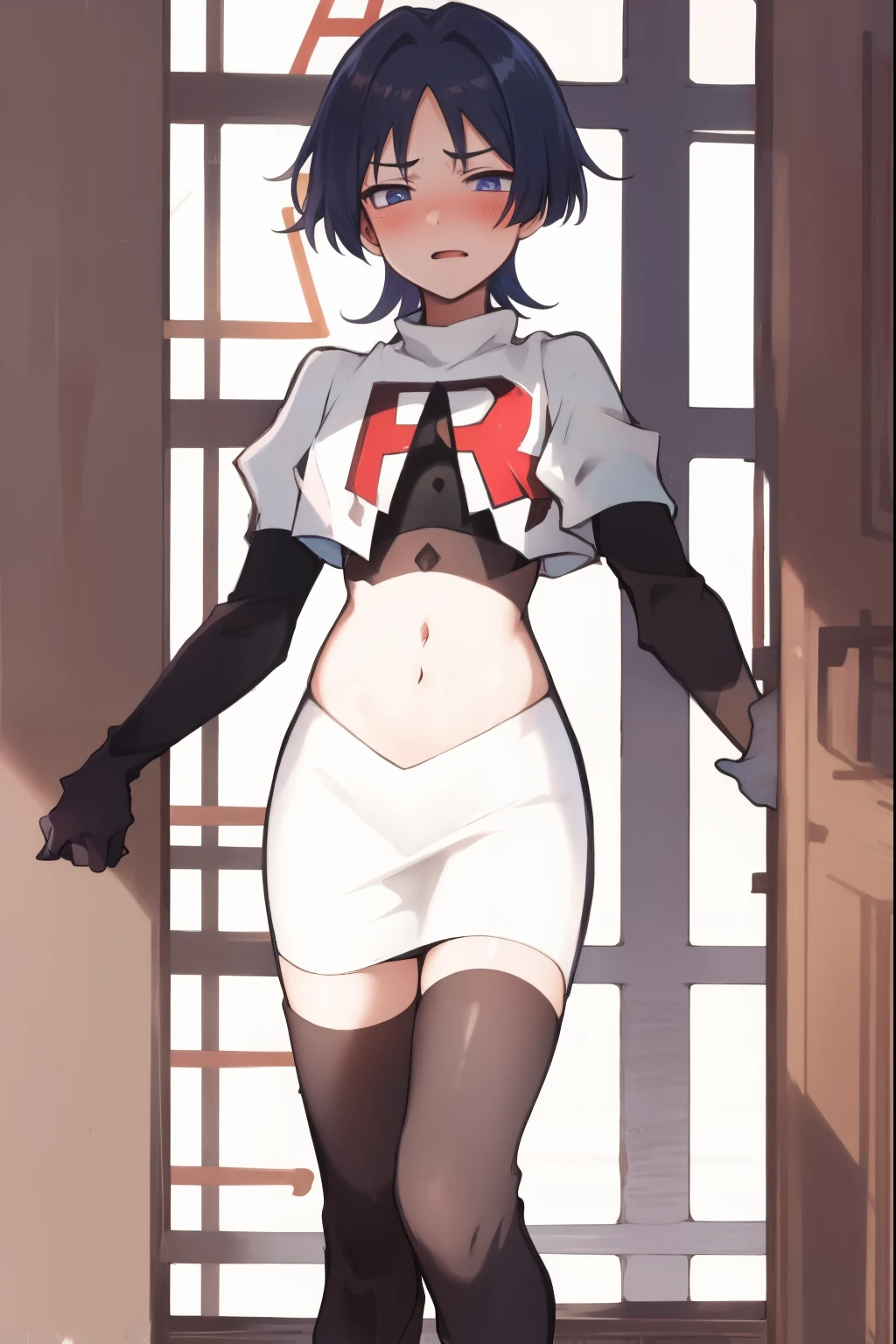 absurdres,masterpiece, trap, best quality, highres, high quality, 1boy, solo, male focus, hair, crossdressing,1boy,team rocket,team rocket uniform,white skirt,red letter R,crop top,black thigh-highs,black elbow gloves, embarrassed, blush