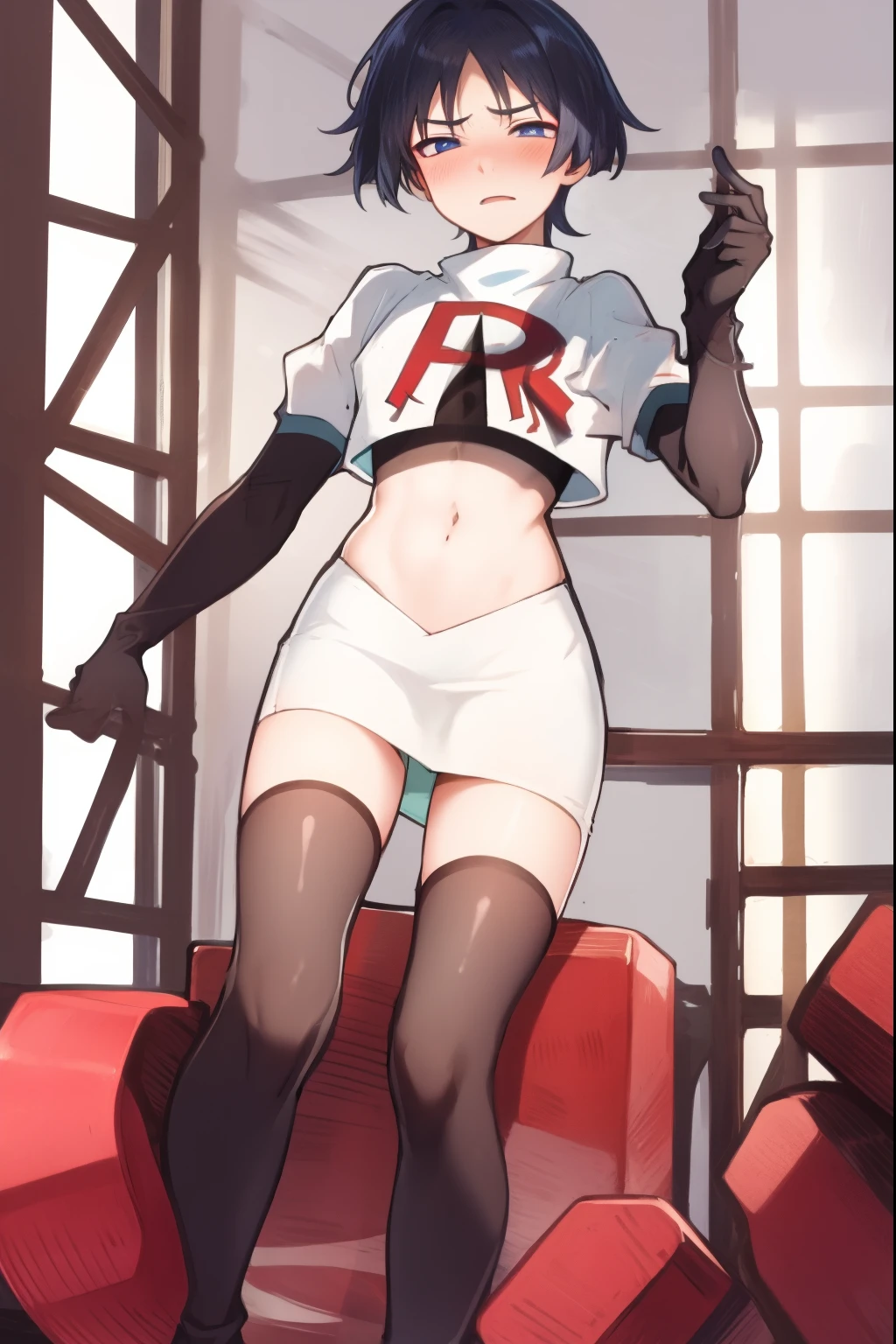 absurdres,masterpiece, trap, best quality, highres, high quality, 1boy, solo, male focus, hair, crossdressing,1boy,team rocket,team rocket uniform,white skirt,red letter R,crop top,black thigh-highs,black elbow gloves, embarrassed, blush