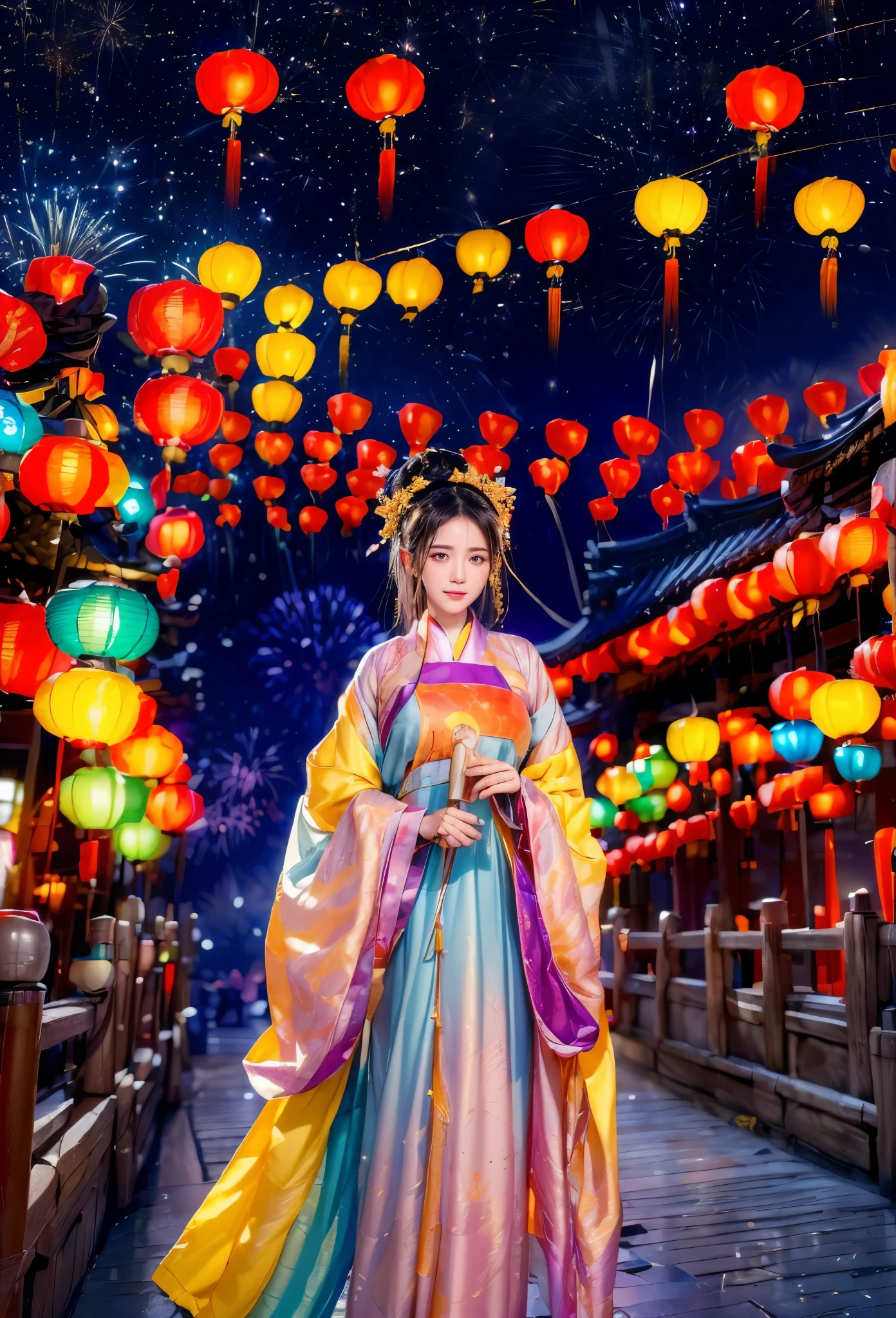 (Faraway view:1.9),The beautiful(Shanghai Yu Garden)Celebrate New Year's Day New Year's Countdown,new year 2024,(fireworks in the night sky:1.8),(((Hanging with many colorful arowana lanterns and decorations))),((Gorgeous Yu Garden)),((Fireworks bloom)),Beautiful reflection of fireworks and lanterns,a joyful atmosphere,((韩国女孩在Shanghai Yu Garden灯会展示她最美的红色汉服时尚舞蹈)),(pedestrians),Psychedelic stage,Ethereal atmosphere, (Anatomically correct, Delicate face makeup , pretty face, The face shape is perfectly proportioned),(Advanced facial details:1.1)A collection of shiny blue luxury Hanfu dresses,Gorgeous Hanfu costumes and Hanfu beauties,真实感,Amazing Cleavage, 电影灯光, Sony FE , wide angles, first person perspective, 8K, hyper HD, tmasterpiece, acurate, ctextured skin, high detal, Best quality at best, Award-Awarded,Shoot from a distance,Sense of distance, hanfu,nsfw