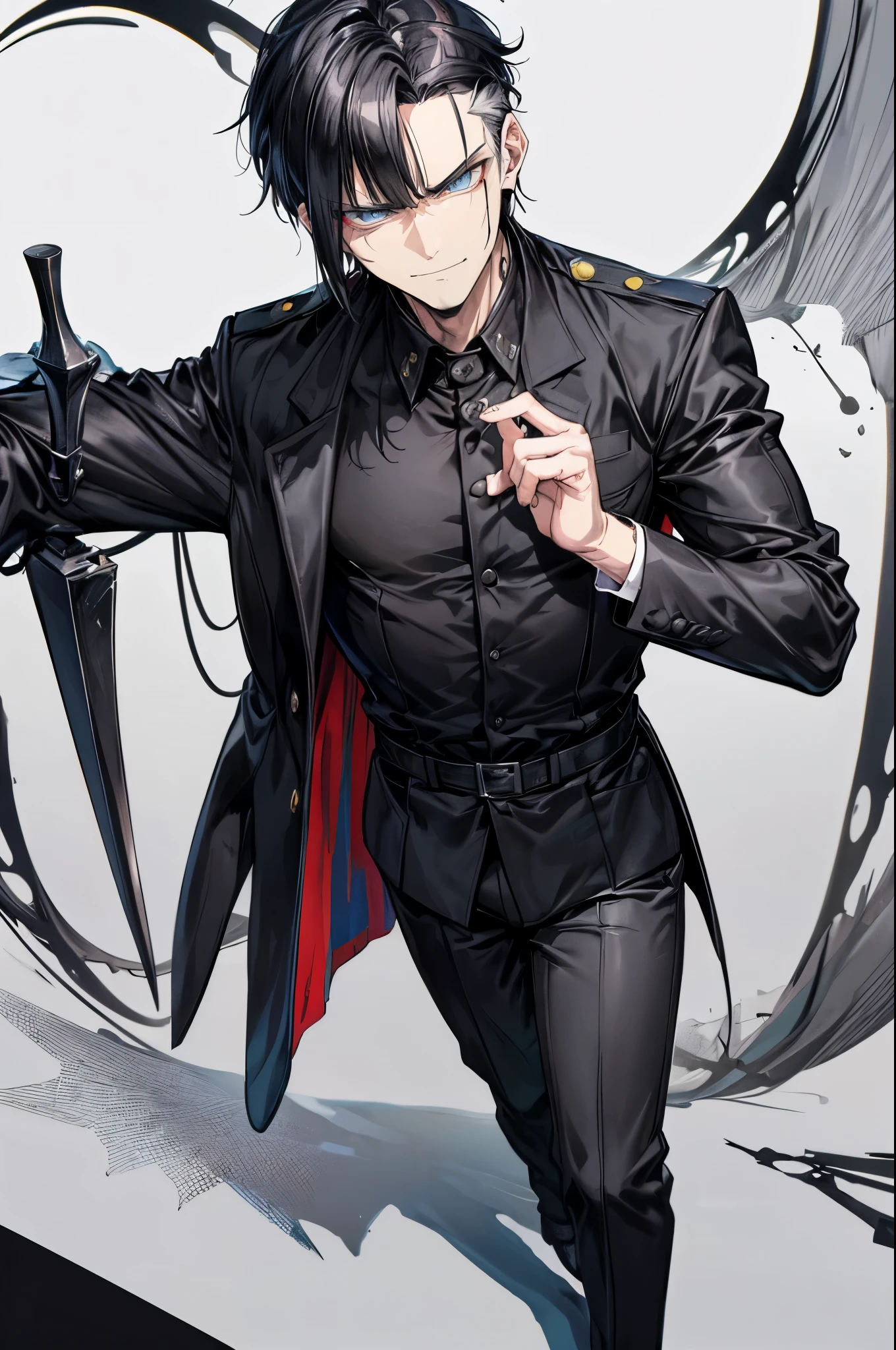 (flat color:1.1),(masterpiece:1.2), best quality, masterpiece, original,short black spiky hair, (mature handsome man looking at the camera with a smug expression:1.2), wearing prison uniform, convicted felon