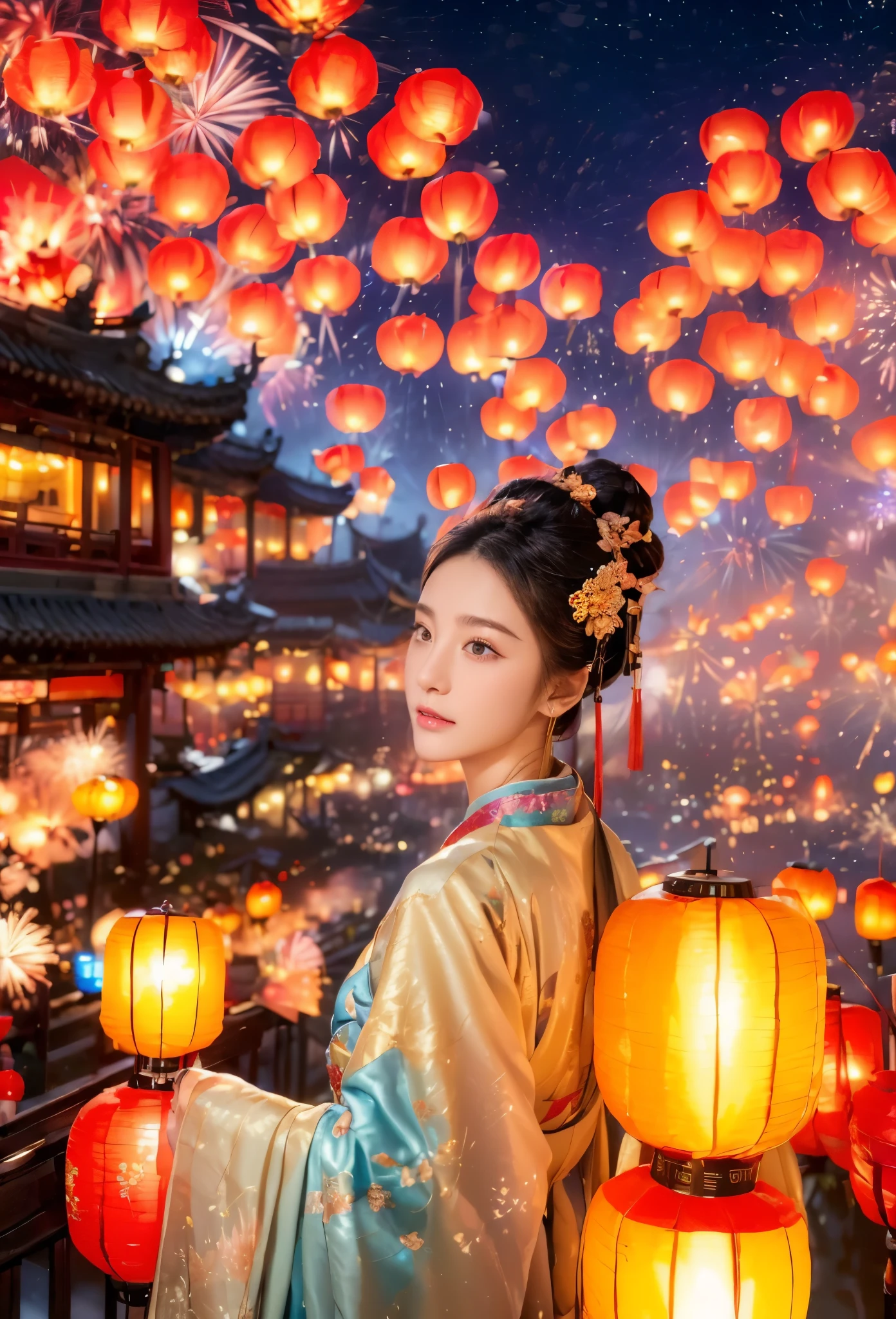 (Faraway view:1.9),The beautiful(Shanghai Yu Garden)Celebrate New Year's Day New Year's Countdown,new year 2024,(fireworks in the night sky:1.8),(((Hanging with many colorful arowana lanterns and decorations))),((Gorgeous Yu Garden)),((Fireworks bloom)),Beautiful reflection of fireworks and lanterns,a joyful atmosphere,((韩国女孩在Shanghai Yu Garden灯会展示她最美的红色汉服时尚舞蹈)),(pedestrians),Psychedelic stage,Ethereal atmosphere, (Anatomically correct, Delicate face makeup , pretty face, The face shape is perfectly proportioned),(Advanced facial details:1.1)A collection of shiny blue luxury Hanfu dresses,Gorgeous Hanfu costumes and Hanfu beauties,真实感,Amazing Cleavage, 电影灯光, Sony FE , wide angles, first person perspective, 8K, hyper HD, tmasterpiece, acurate, ctextured skin, high detal, Best quality at best, Award-Awarded,Shoot from a distance,Sense of distance, hanfu,nsfw