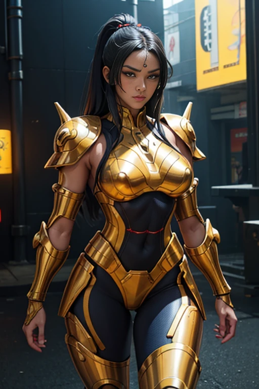 Beautiful Alluring Cyberpunk Samurai, pele nua, Well-toned athletic body, forma elegante, pele nua, Fora no Neon Palace, mal vestido, Beautiful Face, Smaurai-inspired bikini armor, mechanical limbs, Robotic parts on display, pele cromada, shiny neon pieces, japanese theme, tema cyberpunk, fiverr dnd personagem, octan render, arte digital, Detalhe extremo, 4k, Ultra HD |, polido, Beautiful, hiperdetalhado, intrincado, elaborar, meticuloso, fotorrealista, foco nítido, WLOP, design de personagens, Motor irreal, Volumetric lighting, reflexions, glossy, digital illustation,  Posar, Suggestive Posar, lascivo, tiro de corpo inteiro, nu, Visible, detailed perfect hands