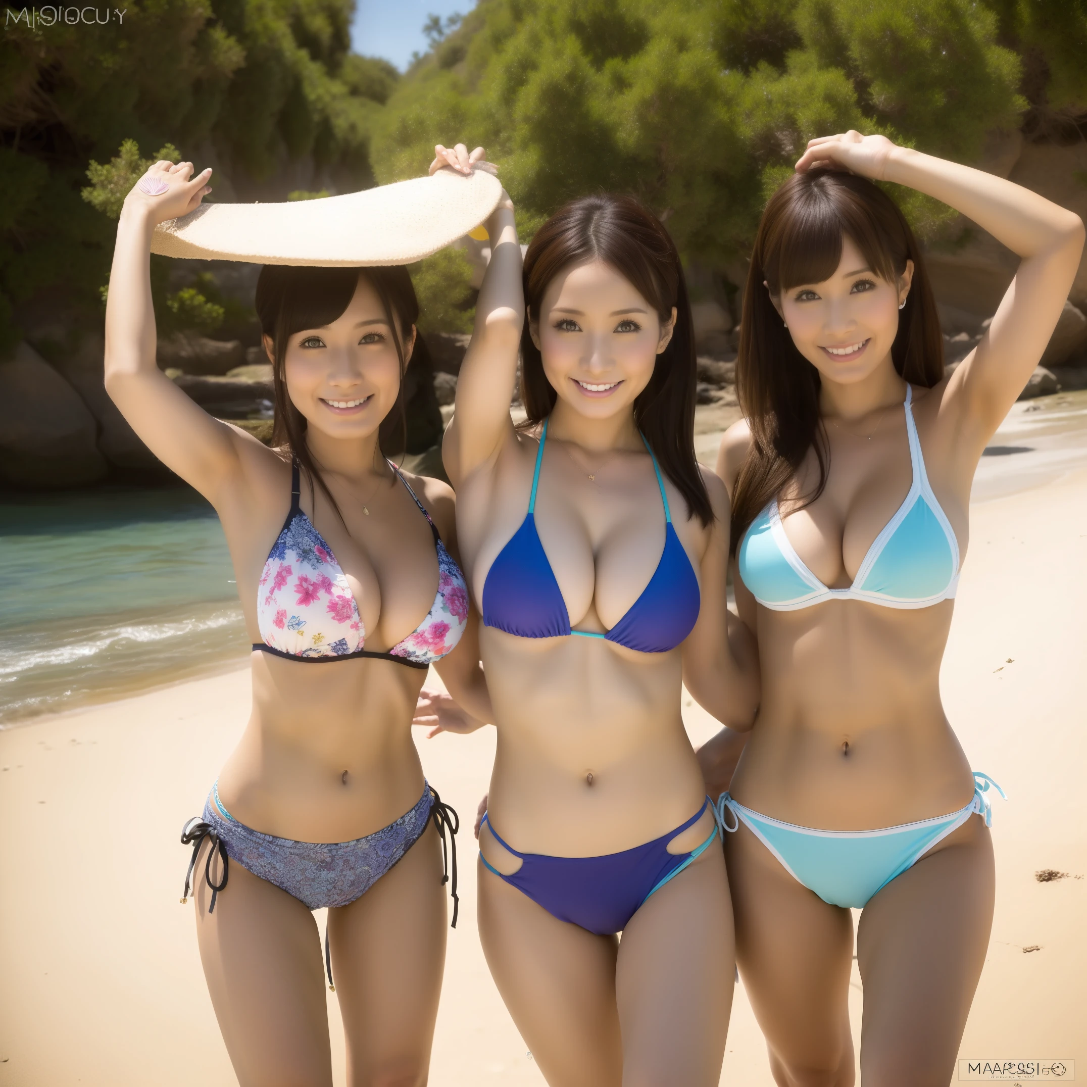 ((Masterpiece))、((hightquality))、((realisitic))、((8k))The bikini、beautiful ocean、、20yr old、2Beautuful Women、、A slender、SONY SLR Photography、Looking at the camera、cute little、swim wears、cute little、a smile、natural、逼真、Playing on the beach、harems、An ultra-high picture quality、、Close to face、chum、Match your breasteautuful Women、貧乳Beautuful Women、Stretch your hand up