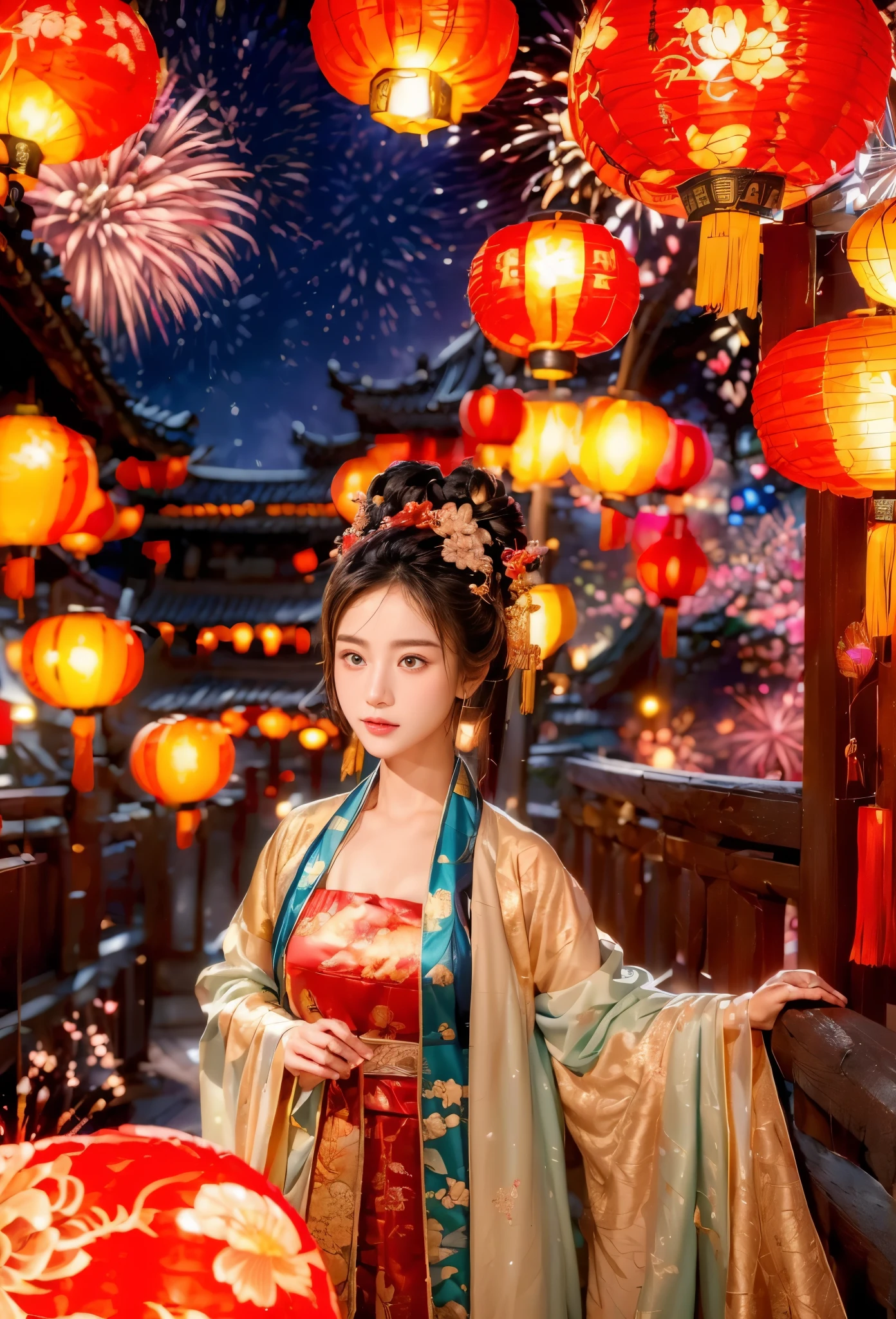 (Faraway view:1.9),The beautiful(Shanghai Yu Garden)Celebrate New Year's Day New Year's Countdown,new year 2024,(fireworks in the night sky:1.5),(((Hanging with many colorful arowana lanterns and decorations))),((Gorgeous Yu Garden)),((Fireworks bloom)),Beautiful reflection of fireworks and lanterns,a joyful atmosphere,((韩国女孩在Shanghai Yu Garden灯会展示她最美的红色汉服时尚舞蹈)),(pedestrians),Psychedelic stage,Ethereal atmosphere, (Anatomically correct, Delicate face makeup , pretty face, The face shape is perfectly proportioned),(Advanced facial details:1.1)A collection of shiny blue luxury Hanfu dresses,Gorgeous Hanfu costumes and Hanfu beauties,真实感,Amazing Cleavage, 电影灯光, Sony FE , wide angles, first person perspective, 8K, hyper HD, tmasterpiece, acurate, ctextured skin, high detal, Best quality at best, Award-Awarded,Shoot from a distance,Sense of distance, hanfu,nsfw