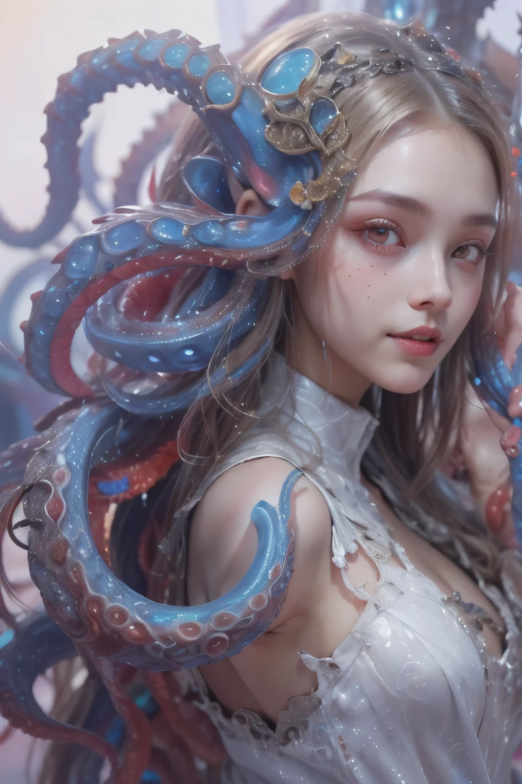 Portrait, (beautiful female alien:1.2), (she has red eyes with no pupils:1.8), (Translucent skin:1.7), (There is a female genital-like organ in the middle of the forehead:1.9), (The most beautiful face in the history of the universe:1.2),an evil gaze that seduces, (large mouth:1.1), (sharp teeth like a vampire:1.2), Full body like, (bio luminescent:1.5), (Smile wickedly:1.3), (sexypose:1.5), alien, No humans, cells are fused, (Lots of translucent tentacles:1.3) extraterrestrial, cell, bio image, Best Quality, 8K,4K_quality, High Definition, Dramatic Lighting, masutepiece:1.5,cinematic quality, detail up, (Intricate details:1.2), High resolution, High Definition, drawing faithfully, (Thick eyebrows:1.2), Beautiful eyes with fine symmetry,(Highly detailed face and eyes:1.2), Intimate face, (Super detailed skin quality feeling:1.4), Perfect Anatomy, (Beautiful toned body:1.5), (Moist skin:1.2), No makeup, (dark circles:1.1), long canines, cinematic drawing of characters, ultra high quality model, cinematic quality, detail up, (Intricate details:1.2), High resolution, High Definition, drawing faithfully, Official art, Unity 8K wall , 8K Portrait, Best Quality, Very High resolution, ultra detailed artistic photography, midnight aura, unreal enginee 5, Ultra Sharp Focus, art by alberto seveso, ArtGerm, Roisch, intricate artwork, best quality, masutepiece, ultra High resolution, (photos realistic:1.4), Ultra-realistic realism, dream-like, nautilus, Creation of fantasy, Snail, Dream Snail, biopunk nautilus, Thrilling color schemes, Ultra-realistic realism, seductively smiling, Blue tentacles,