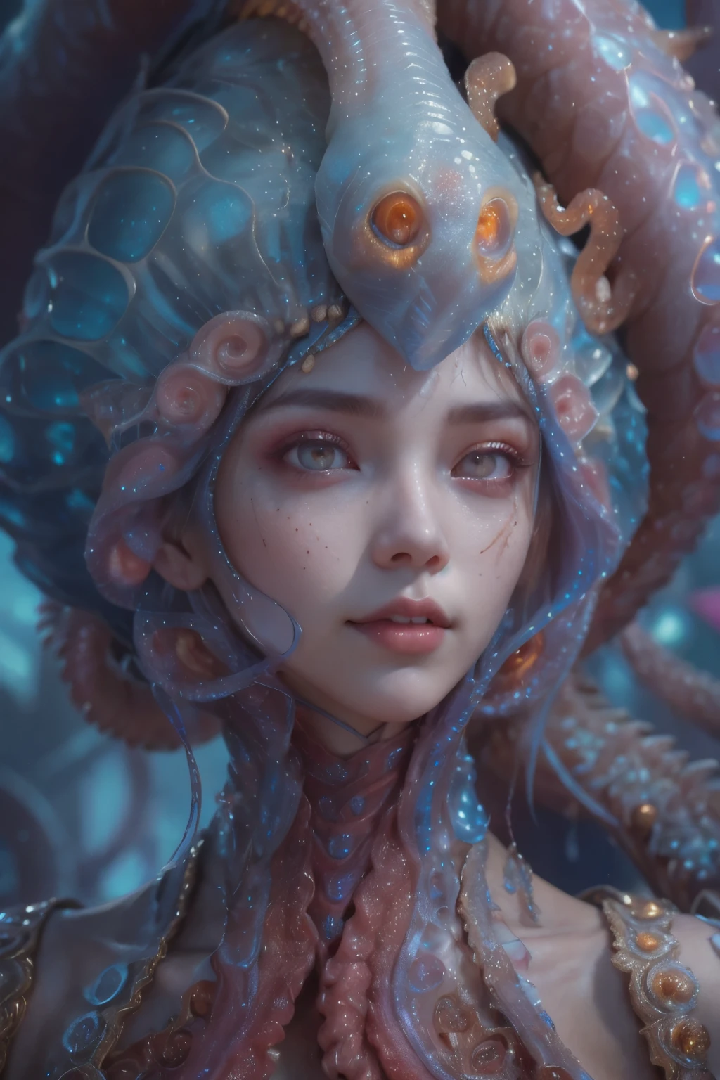 Portrait, (beautiful female alien:1.2), (she has red eyes with no pupils:1.8), (Translucent skin:1.7), (There is a female genital-like organ in the middle of the forehead:1.9), (The most beautiful face in the history of the universe:1.2),an evil gaze that seduces, (large mouth:1.1), (sharp teeth like a vampire:1.2), Full body like, (bio luminescent:1.5), (Smile wickedly:1.3), (sexypose:1.5), alien, No humans, cells are fused, (Lots of translucent tentacles:1.3) extraterrestrial, cell, bio image, Best Quality, 8K,4K_quality, High Definition, Dramatic Lighting, masutepiece:1.5,cinematic quality, detail up, (Intricate details:1.2), High resolution, High Definition, drawing faithfully, (Thick eyebrows:1.2), Beautiful eyes with fine symmetry,(Highly detailed face and eyes:1.2), Intimate face, (Super detailed skin quality feeling:1.4), Perfect Anatomy, (Beautiful toned body:1.5), (Moist skin:1.2), No makeup, (dark circles:1.1), long canines, cinematic drawing of characters, ultra high quality model, cinematic quality, detail up, (Intricate details:1.2), High resolution, High Definition, drawing faithfully, Official art, Unity 8K wall , 8K Portrait, Best Quality, Very High resolution, ultra detailed artistic photography, midnight aura, unreal enginee 5, Ultra Sharp Focus, art by alberto seveso, ArtGerm, Roisch, intricate artwork, best quality, masutepiece, ultra High resolution, (photos realistic:1.4), Ultra-realistic realism, dream-like, nautilus, Creation of fantasy, Snail, Dream Snail, biopunk nautilus, Thrilling color schemes, Ultra-realistic realism, seductively smiling, Blue tentacles,