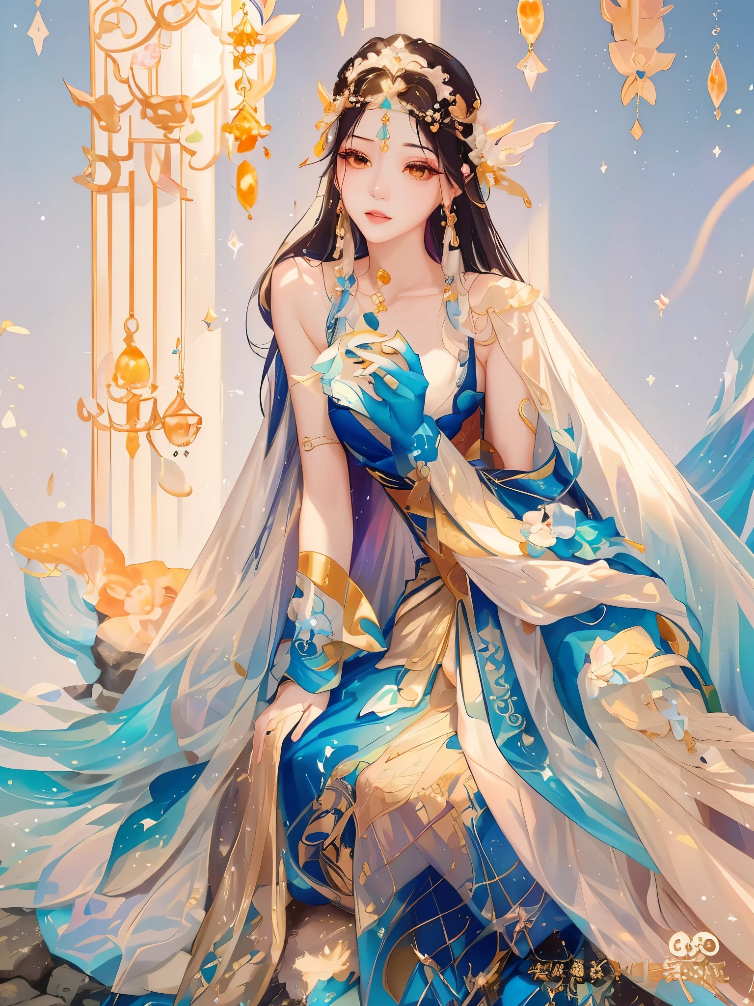 A woman in a blue dress sits on a rock, EtherealBeauty, beautiful fantasy empress, Queen of the Sea Mu Yanling, ((beautiful fantasy empress)), xianxia fantasy, Ethereal fantasy, full body xianxia, white hanfu, extremely beautiful and ethereal, Amazing young ethereal figure, 宮 , A girl in Hanfu