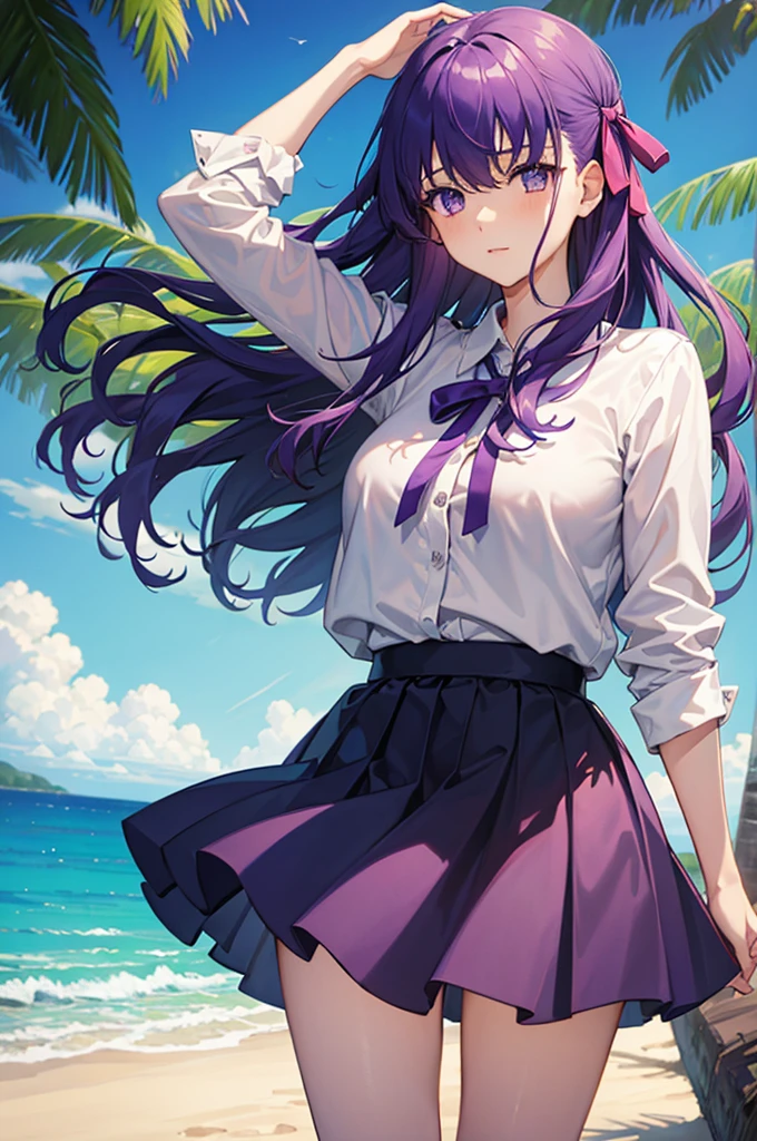 1girl,best quality, masterpiece, high resolution, solo, HD resolution, best quality, good quality, {matou_sakura_fatestaynightufotable:1.15}, purple_hair, long_hair, ribbon, hair_ribbon, purple_eyes, 1 girl, short purple skirt, skirt, purple miniskirt, pretty thighs , short white blouse, semi-open blouse, white shirt, short blouse, big breasts, long_hair, empty_eyes, sea, sand, beach, showing underwear, raised skirt