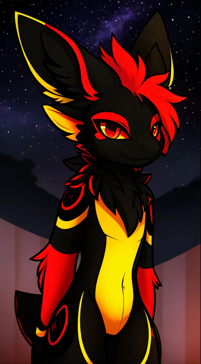 (furry:1.5), rabbit male, yellow eyes, Red fur, purple earring, standing alone, cute, ultra cute face, ((solo, The only person)), height one meter six, full body, soft, shy, black arm, black feet, perfect lighting, (ultra detailed), light particles, ultra detailed fur, beautiful lights and shadows, ambient light, sharp focus, looking at viewer, body fur, (masterpiece), demon elements on body, (Depth of Field), (detail), rubber collar, nude, with rich contrasting tones of black and red