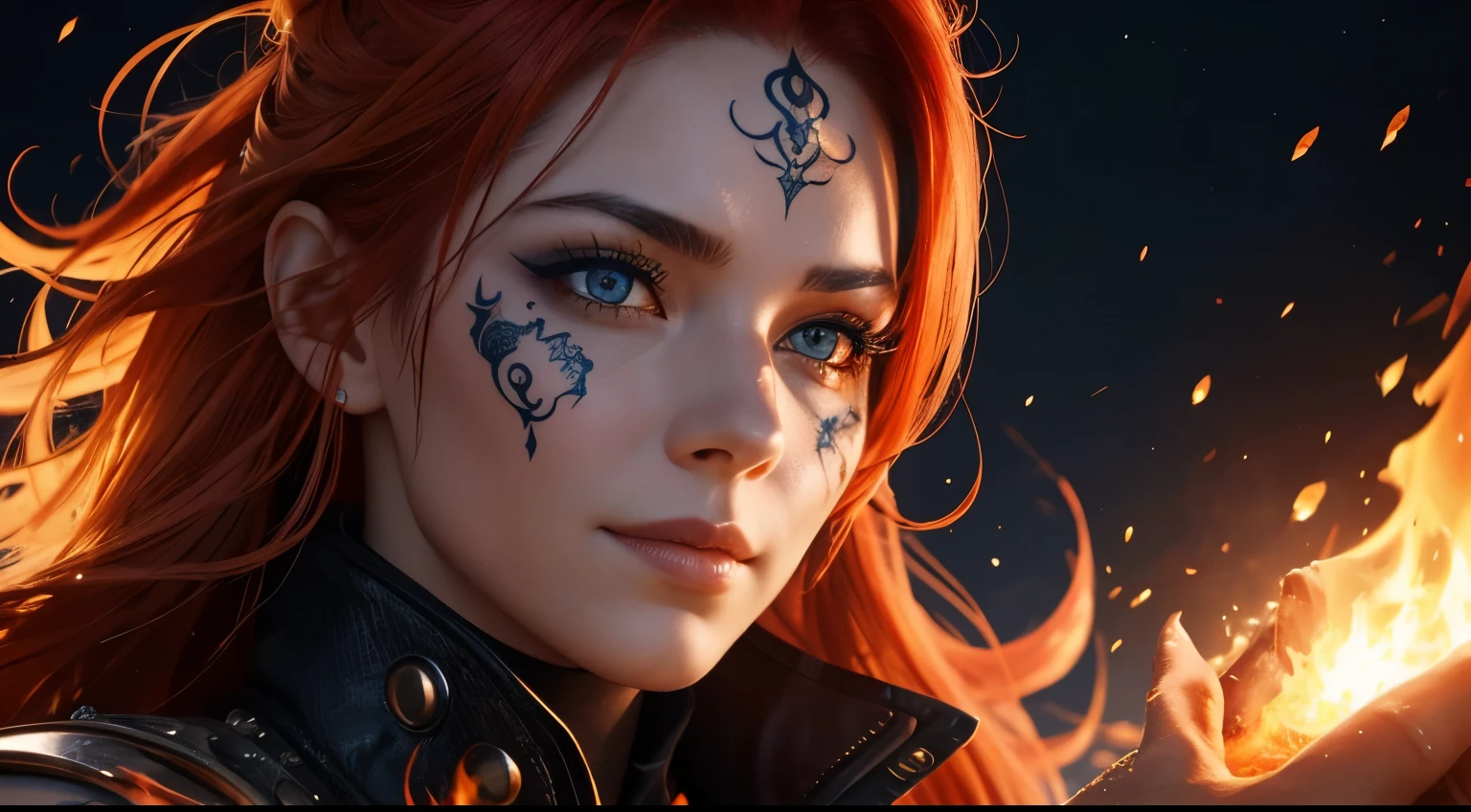 (headshot) (best quality) (high detail) woman's face with eyes of fire and ice and fiery hair flowing in front of her face, Cinders and ice crystals swirling in the air, fire embers around her, (pyro) fire tattoos, flame tattoos, tattoos, smirk, fiery smoke in background, HDR, 4K, 3D, digital art
