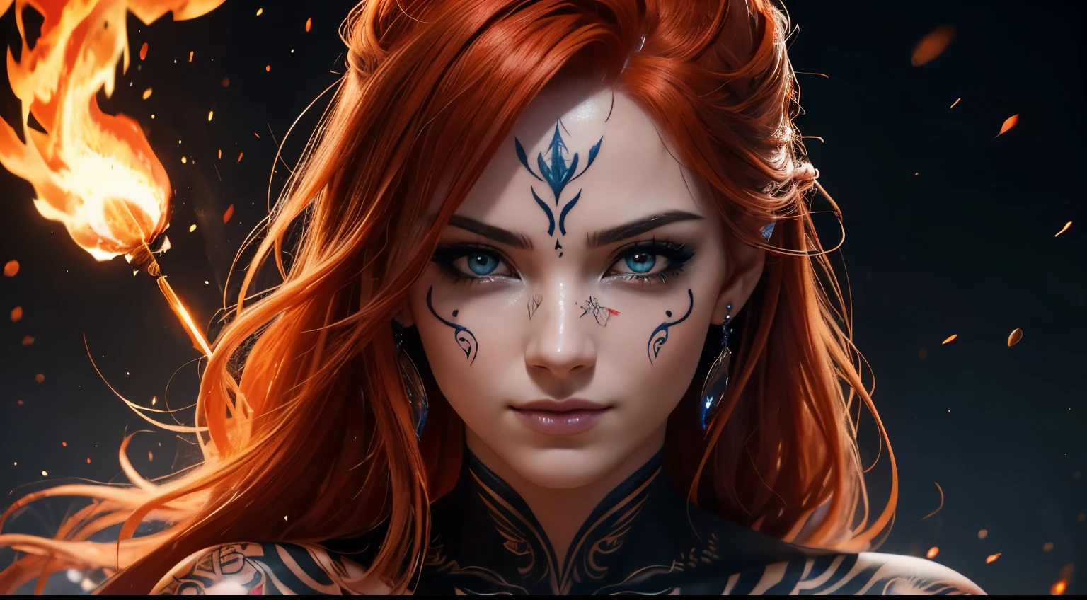 (headshot) (best quality) (high detail) woman's face with eyes of fire and ice and fiery hair flowing in front of her face, Cinders and ice crystals swirling in the air, fire embers around her, (pyro) fire tattoos, flame tattoos, tattoos, smirk, fiery smoke in background, HDR, 4K, 3D, digital art