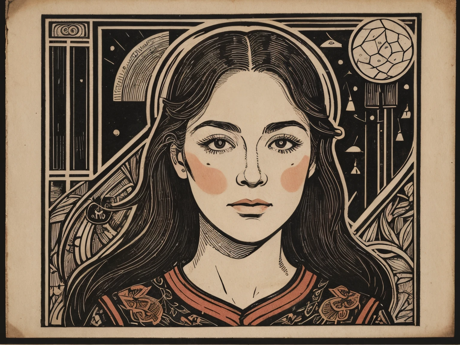 create old woodcut illustration, glued together, pasted, sewn from many lives, in the style of old illuminated books, on original parchment, black and white ink, one accent color slightly misaligned, a highly crafted intricate woodcut print illustration of a long-haired woman "turning" into an older woman, it's a dynamic and melodramatic ritual, her emotion, gestures, opens, we see her respond to turning, growing, changing, turning a new leaf, turning into a new phase of life, what does that look like? it's an ancient idea of turning, of celebrating another year of life, sixty years of life,break, anatomical symbols of lungs, respiratory, throat, mouth, along sides, a large empty space, retro futurist liminal space, familiar place, being renovated, demolished, 1 woman, thick heavy border frames illustration, poignant and emotional