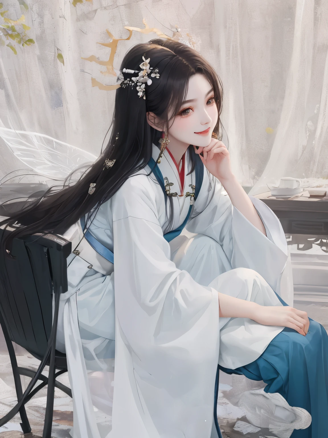 Long brunette lady sitting on chair, Smile like a fairy king, white hanfu, EtherealBeauty, ruan jia beautiful!, Amazing young and ethereal figure, full body xianxia, cute lazy princess, White skin of the, xianxia fantasy, 宮 , A girl in Hanfu, young angel, very ethereal