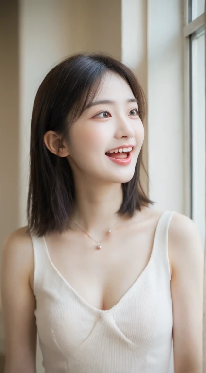 Dressed, (photographrealistic:1.4), (Hyper realistic:1.4), (Realistic:1.3), (Smoother lighting:1.05), (increase cinematic lighting quality:0.9), 32K, 1girl in,25-years old, Realistic lighting, Backlighting, Light on Face, raytrace, (Brightening light:1.2), (Increase quality:1.4), (Top quality real texture skins:1.4), finely detailed eyes, finerly detailed face, (tired and sleepy and joy:0), (Laugh:1.4), Elf Dress,a necklace, (Increase body line mood:1.1), (Increase the beauty of skin texture:1.1)、C cup breasts