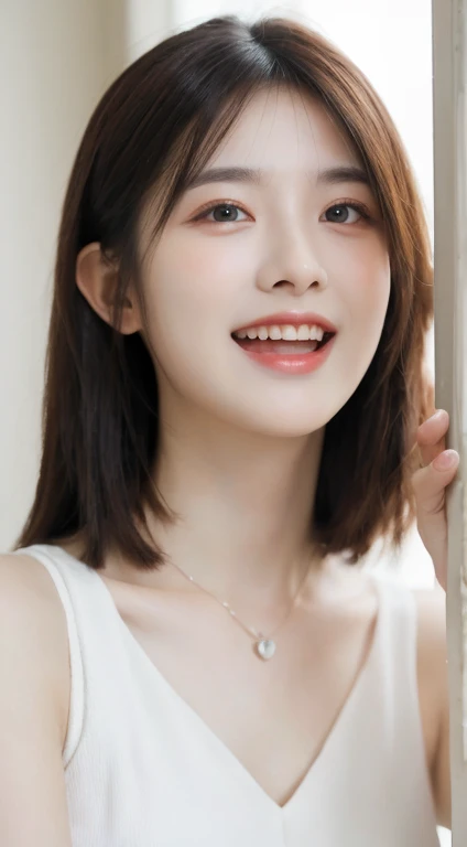 Dressed, (photographrealistic:1.4), (Hyper realistic:1.4), (Realistic:1.3), (Smoother lighting:1.05), (increase cinematic lighting quality:0.9), 32K, 1girl in,25-years old, Realistic lighting, Backlighting, Light on Face, raytrace, (Brightening light:1.2), (Increase quality:1.4), (Top quality real texture skins:1.4), finely detailed eyes, finerly detailed face, (tired and sleepy and joy:0), (Laugh:1.4), Elf Dress,a necklace, (Increase body line mood:1.1), (Increase the beauty of skin texture:1.1)、C cup breasts