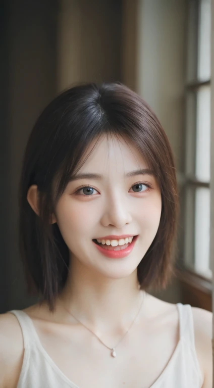 Dressed, (photographrealistic:1.4), (Hyper realistic:1.4), (Realistic:1.3), (Smoother lighting:1.05), (increase cinematic lighting quality:0.9), 32K, 1girl in,25-years old, Realistic lighting, Backlighting, Light on Face, raytrace, (Brightening light:1.2), (Increase quality:1.4), (Top quality real texture skins:1.4), finely detailed eyes, finerly detailed face, (tired and sleepy and joy:0), (Laugh:1.4), Elf Dress,a necklace, (Increase body line mood:1.1), (Increase the beauty of skin texture:1.1)、C cup breasts