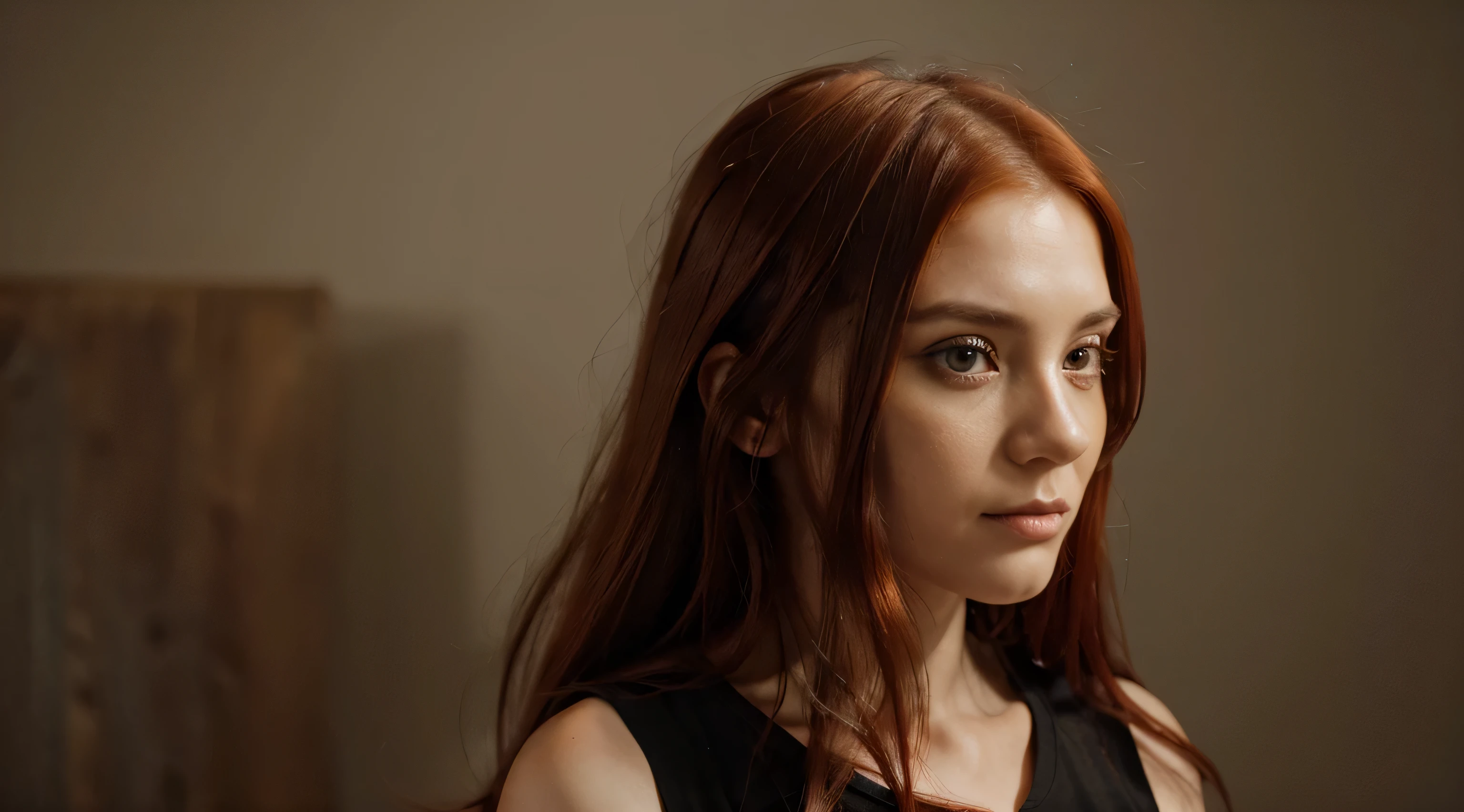 a female mentor with red hair and a black top posing for a picture, long hair and large eyes, headshot profile picture, professional picture, photo realistic