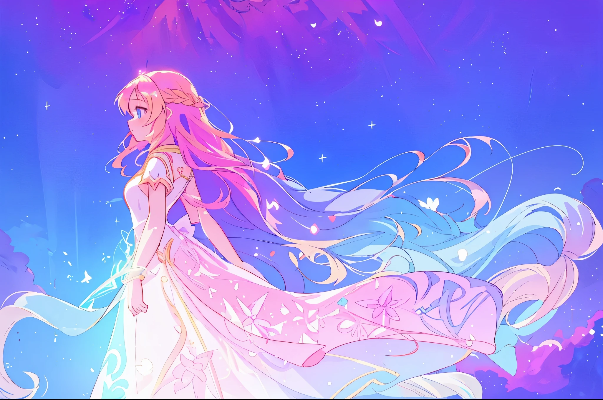 anime, a girl with long hair, liquid dress, long glowing ethereal hair, glowing flowing hair, flowing glowing hair, anime girl with cosmic hair, beautiful young wind spirit, long glowing hair, beautiful anime art style, beautiful digital illustration, ethereal anime, a beautiful artwork illustration, blonde anime girl with long hair, inspired by Glen Keane, inspired by Lois van Baarle, disney art style, by Lois van Baarle, glowing aura around her, by Glen Keane, jen bartel, glowing lights