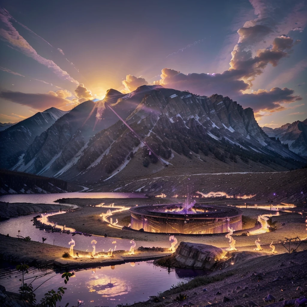 ((best quality))) (((HD))) (((8k))) (((violet flame lake))) a leke in the middle of mountains that burning violet flame, at the edge of the lake there 108 people crowded, and above the sky 18 angels with white wings are surrounding. heavenly golden and white background