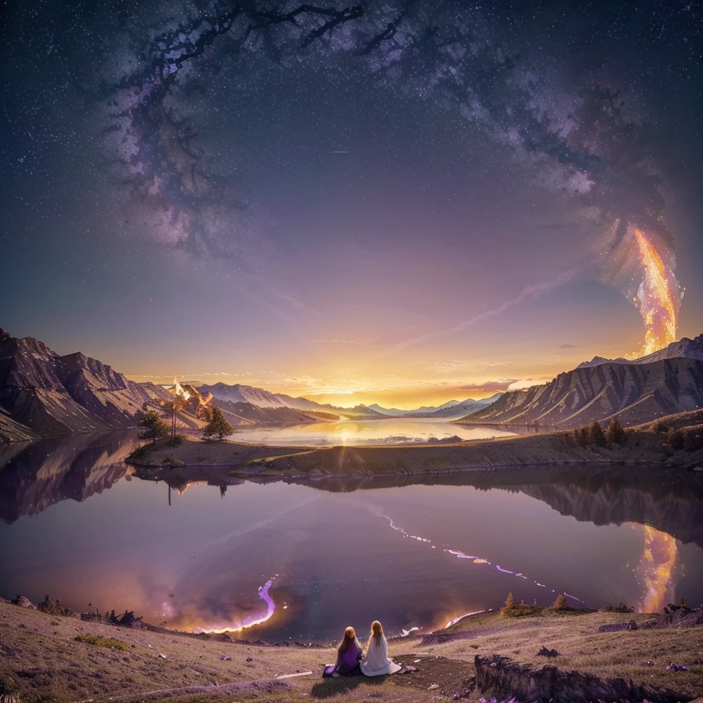 ((best quality))) (((HD))) (((8k))) (((violet flame lake))) a leke in the middle of mountains that burning violet flame, at the edge of the lake there 108 people crowded, and above the sky 18 angels with white wings are surrounding. heavenly golden and white background