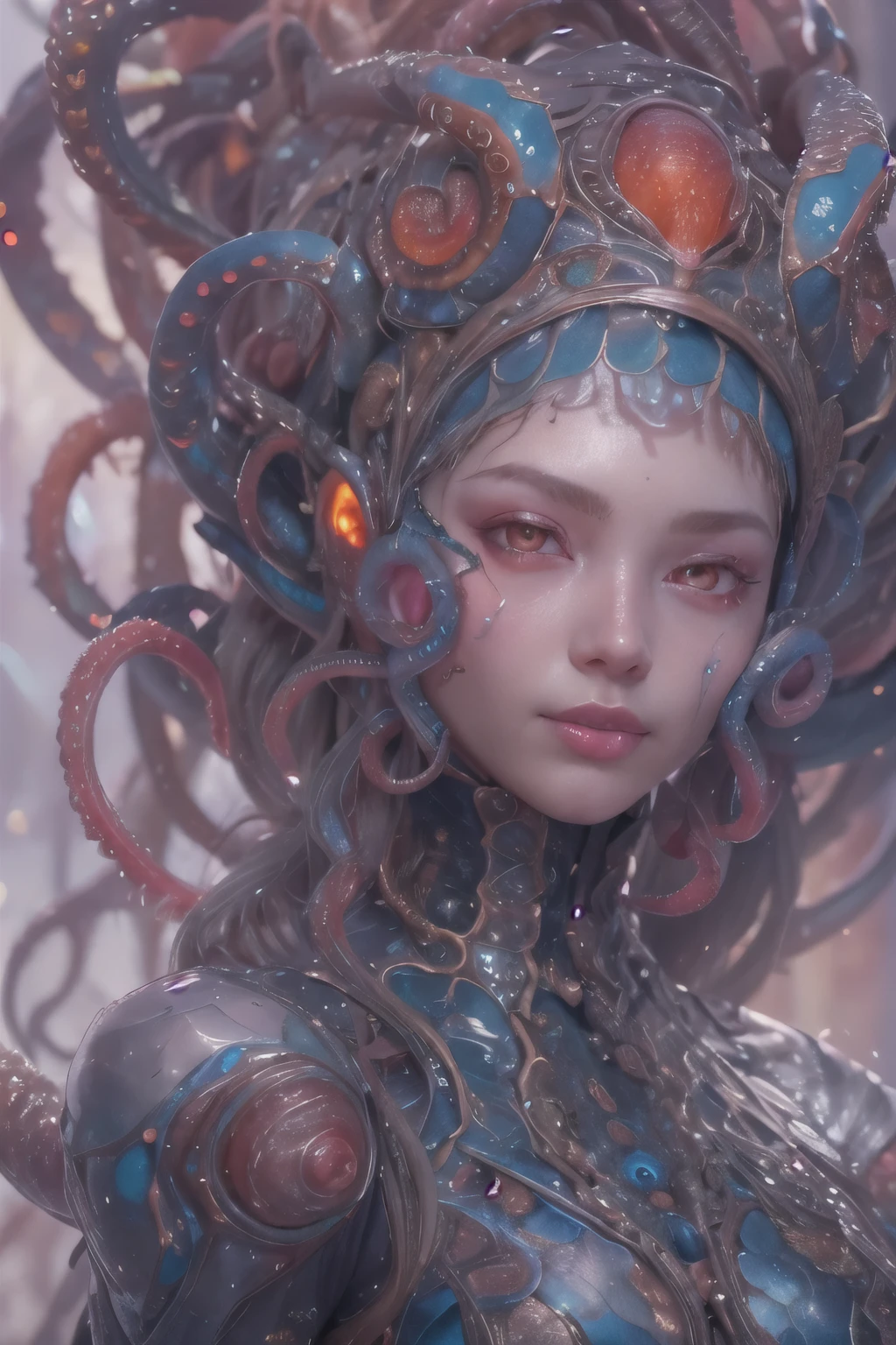 Portrait, (beautiful female alien:1.2), (she has red eyes with no pupils:1.8), (Translucent skin:1.7), (There is a female genital-like organ in the middle of the forehead:1.9), (The most beautiful face in the history of the universe:1.2),an evil gaze that seduces, (large mouth:1.1), (sharp teeth like a vampire:1.2), Full body like, (bio luminescent:1.5), (Smile wickedly:1.3), (sexypose:1.5), alien, No humans, cells are fused, (Lots of translucent tentacles:1.3) extraterrestrial, cell, bio image, Best Quality, 8K,4K_quality, High Definition, Dramatic Lighting, masutepiece:1.5,cinematic quality, detail up, (Intricate details:1.2), High resolution, High Definition, drawing faithfully, (Thick eyebrows:1.2), Beautiful eyes with fine symmetry,(Highly detailed face and eyes:1.2), Intimate face, (Super detailed skin quality feeling:1.4), Perfect Anatomy, (Beautiful toned body:1.5), (Moist skin:1.2), No makeup, (dark circles:1.1), long canines, cinematic drawing of characters, ultra high quality model, cinematic quality, detail up, (Intricate details:1.2), High resolution, High Definition, drawing faithfully, Official art, Unity 8K wall , 8K Portrait, Best Quality, Very High resolution, ultra detailed artistic photography, midnight aura, unreal enginee 5, Ultra Sharp Focus, art by alberto seveso, ArtGerm, Roisch, intricate artwork, best quality, masutepiece, ultra High resolution, (photos realistic:1.4), Ultra-realistic realism, dream-like, nautilus, Creation of fantasy, Snail, Dream Snail, biopunk nautilus, Thrilling color schemes, Ultra-realistic realism, seductively smiling, Blue tentacles,
