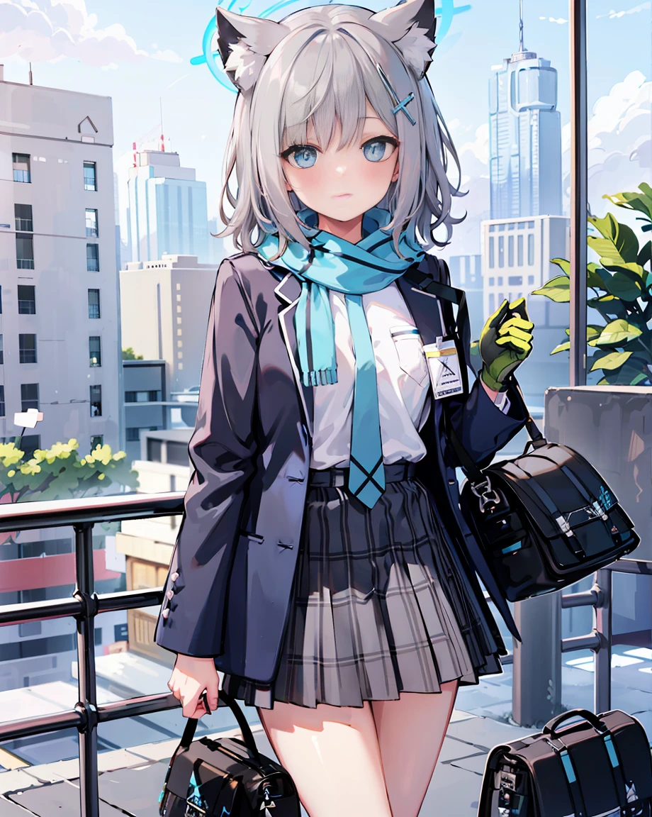 1girl, solo, shiroko (blue archive), animal ears, skirt, scarf, blue eyes, jacket, shirt, white socks, socks, plaid skirt, animal ear fluff, halo, white shirt, looking at viewer, open clothes, bag, hair ornament, shoes, blue scarf, necktie, outdoors, bangs, pleated skirt, open jacket, plaid, grey hair, school uniform, railing, long sleeves, cross hair ornament, shoulder bag, shirt tucked in, blue necktie, kneehighs, black skirt, hair between eyes, extra ears, mismatched pupils, blue jacket, school bag, black bag, blazer, sneakers, striped, closed mouth, pocket, cat ears, striped scarf, fringe trim, medium hair,(((grey hair))),(((blue eyes))),