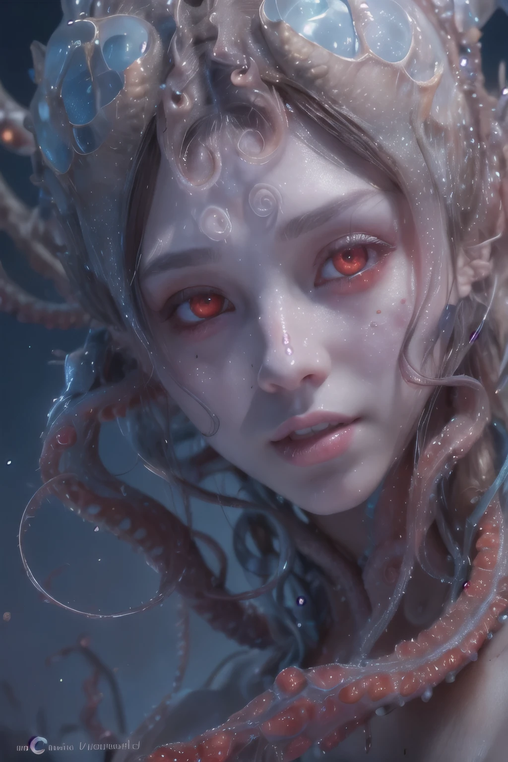 Portrait, (beautiful female alien:1.2), (she has red eyes with no pupils:1.8), (Translucent skin:1.7), (There is a female genital-like organ in the middle of the forehead:1.9), (The most beautiful face in the history of the universe:1.2),an evil gaze that seduces, (large mouth:1.1), (sharp teeth like a vampire:1.2), Full body like, (bio luminescent:1.5), (Smile wickedly:1.3), (sexypose:1.5), alien, No humans, cells are fused, (Lots of translucent tentacles:1.3) extraterrestrial, cell, bio image, Best Quality, 8K,4K_quality, High Definition, Dramatic Lighting, masutepiece:1.5,cinematic quality, detail up, (Intricate details:1.2), High resolution, High Definition, drawing faithfully, (Thick eyebrows:1.2), Beautiful eyes with fine symmetry,(Highly detailed face and eyes:1.2), Intimate face, (Super detailed skin quality feeling:1.4), Perfect Anatomy, (Beautiful toned body:1.5), (Moist skin:1.2), No makeup, (dark circles:1.1), long canines, cinematic drawing of characters, ultra high quality model, cinematic quality, detail up, (Intricate details:1.2), High resolution, High Definition, drawing faithfully, Official art, Unity 8K wall , 8K Portrait, Best Quality, Very High resolution, ultra detailed artistic photography, midnight aura, unreal enginee 5, Ultra Sharp Focus, art by alberto seveso, ArtGerm, Roisch, intricate artwork, best quality, masutepiece, ultra High resolution, (photos realistic:1.4), Ultra-realistic realism, dream-like, nautilus, Creation of fantasy, Snail, Dream Snail, biopunk nautilus, Thrilling color schemes, Ultra-realistic realism, seductively smiling, Blue tentacles,
